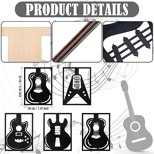 Miniatura 3 de Amyhill 5 piezas de arte de pared de música de madera, decoración de pared de guitarra moderna, decoración musical hueca para habitación, decoración