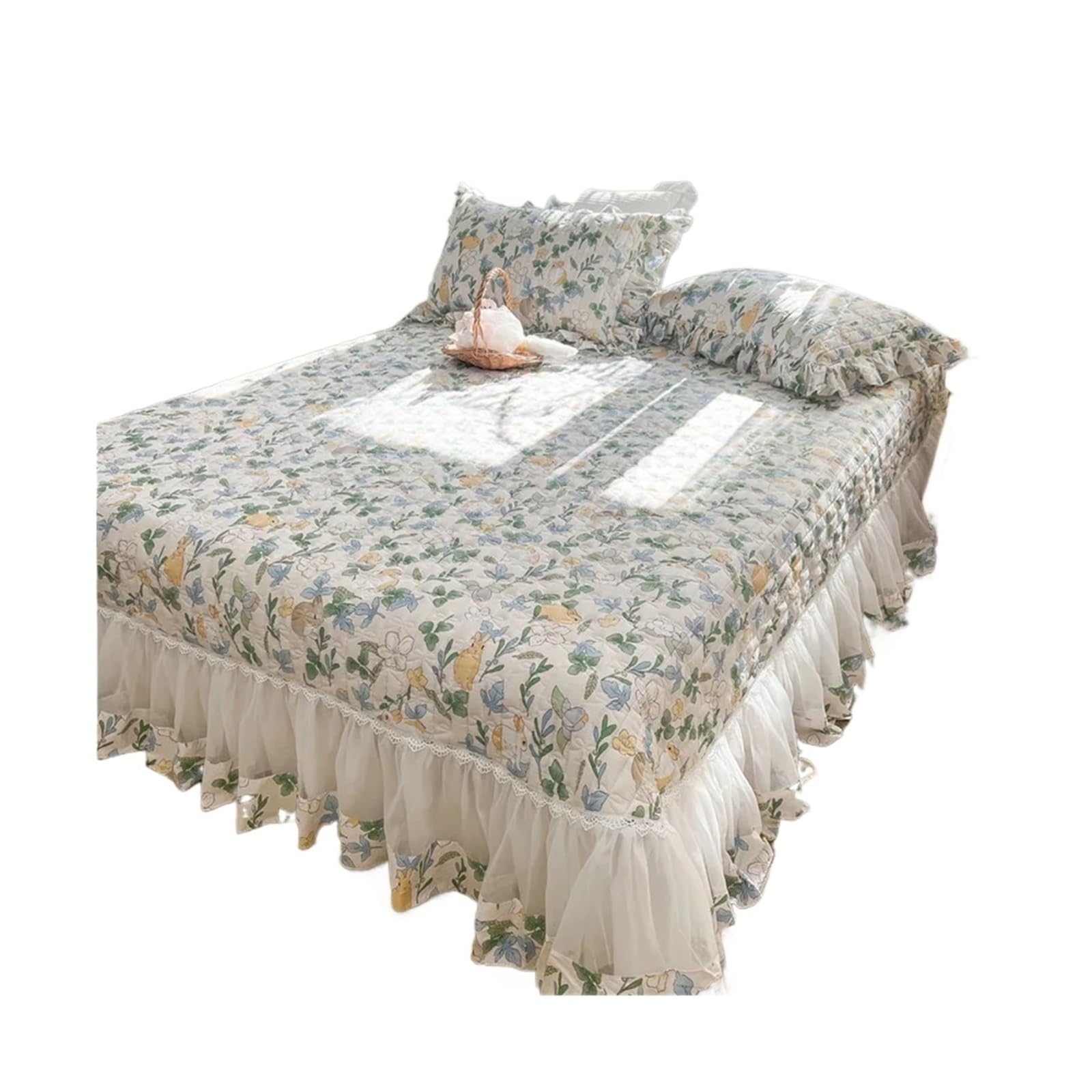 Colchas Acolchadas Colcha acolchada elegante de algodón tamaño King, cubrecamas de 250x270cm, Sábana de cama doble de encaje con volantes de gran tamaño, 2 fundas de almohada Ligera Colcha Cubrecama D