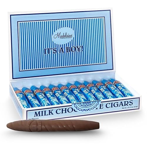 Madelaine - Caja de regalo de cigarros de chocolate con leche de primera calidad con texto en inglés "It's a Boy" para baby shower, fabricado con