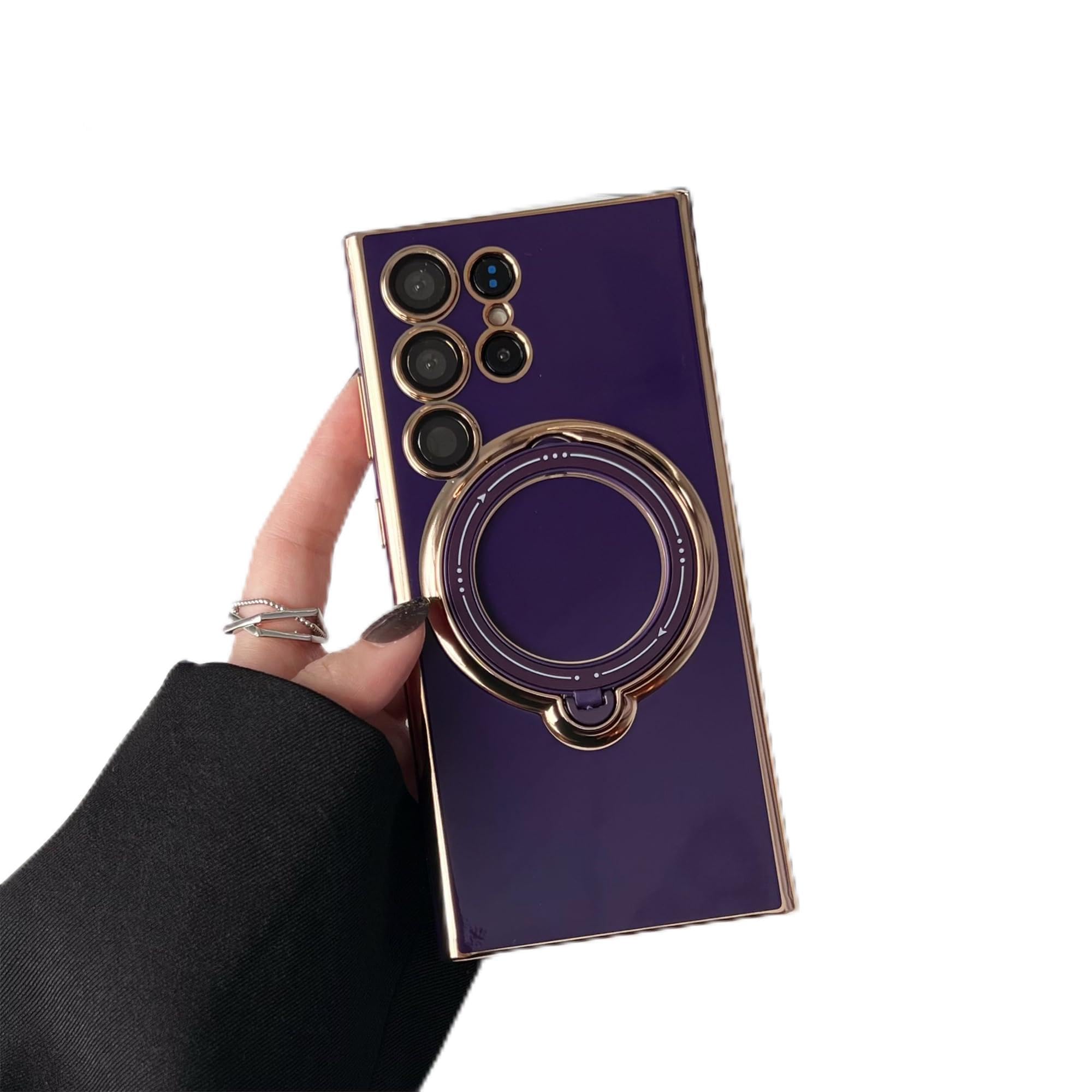 ADCOOG Designed for Samsung Galaxy S22 Ultra Plating Edge Case with 360° Rotatable Stand [Compatible with Magsafe] Soft TPU Shockproof Protective Phone Case for Samsung Galaxy S22 Ultra (Purple)