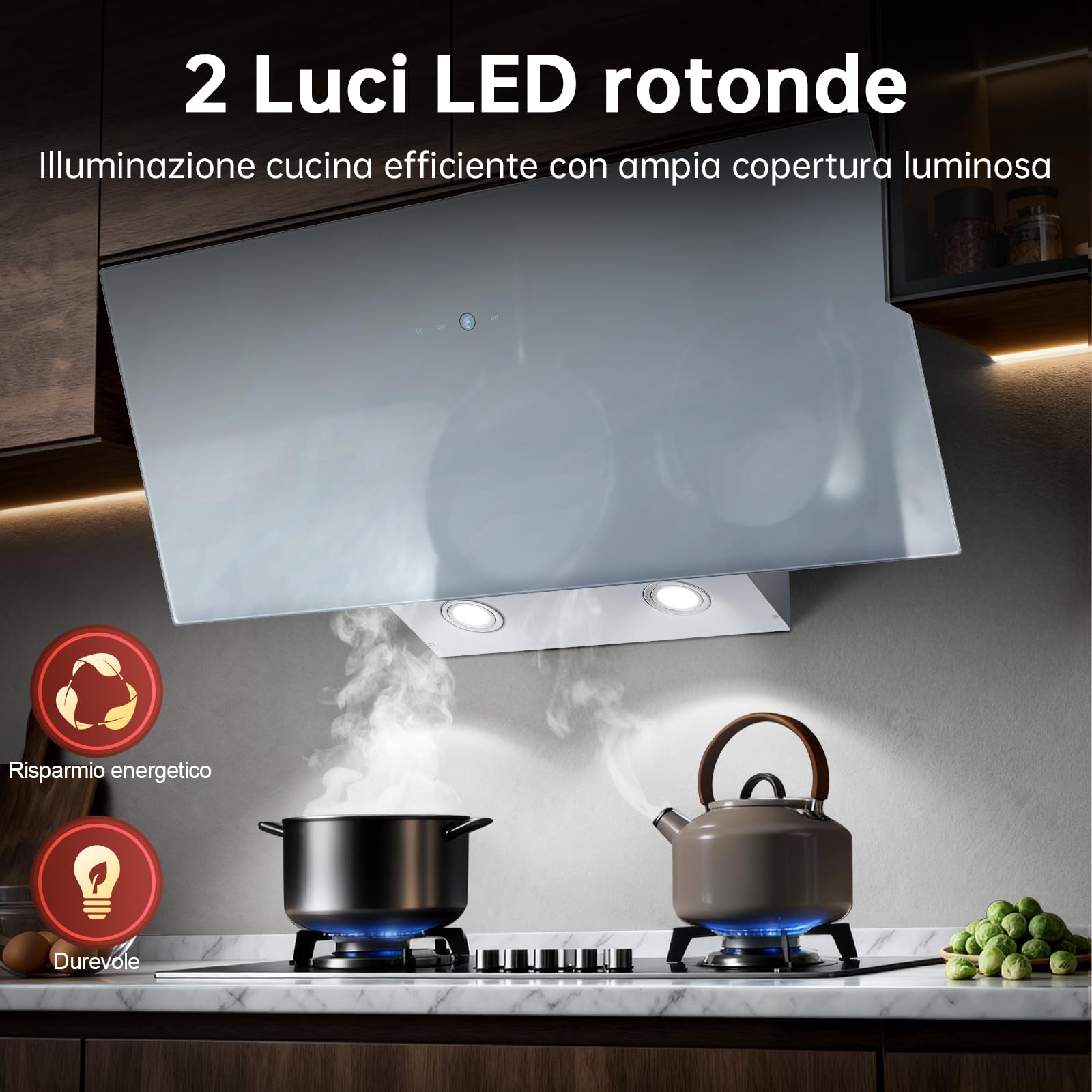 Cappa Aspirante 90cm Bianco 700 m³/h 3 Livelli Pannello Touch LED Efficienza A++