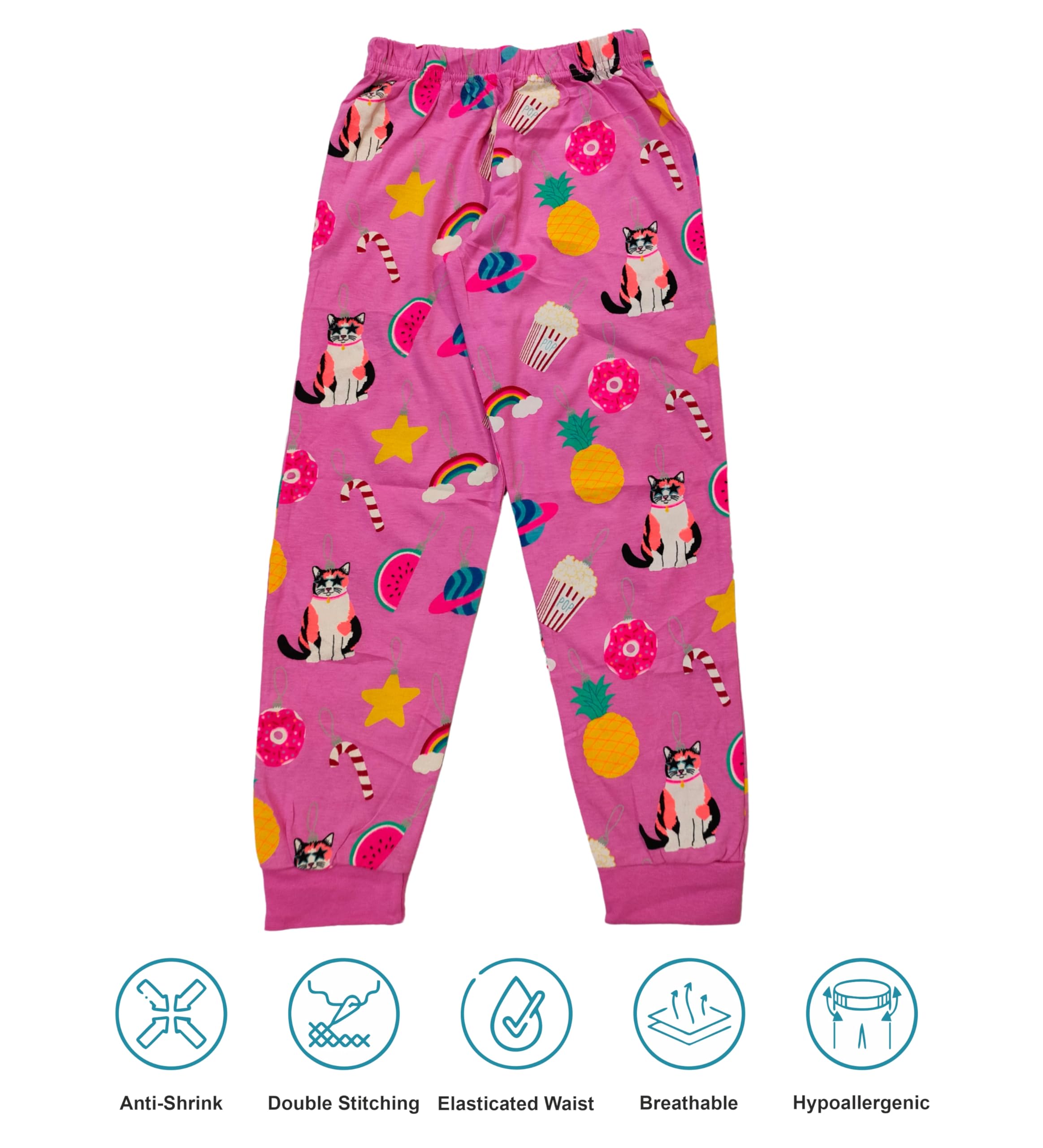 Hestia | H.NSG.N.1 |Kids Girls Nightwear |Sleepwear |Cotton |Trouser Full Sleeves Tshirt |Elastic Waist |Night Dress with Pyjama Tshirts for Girls|Cat Fruits Rainbow Printed |Pink Color 4-6Yrs |Set 1 - Image 3 thumbnail