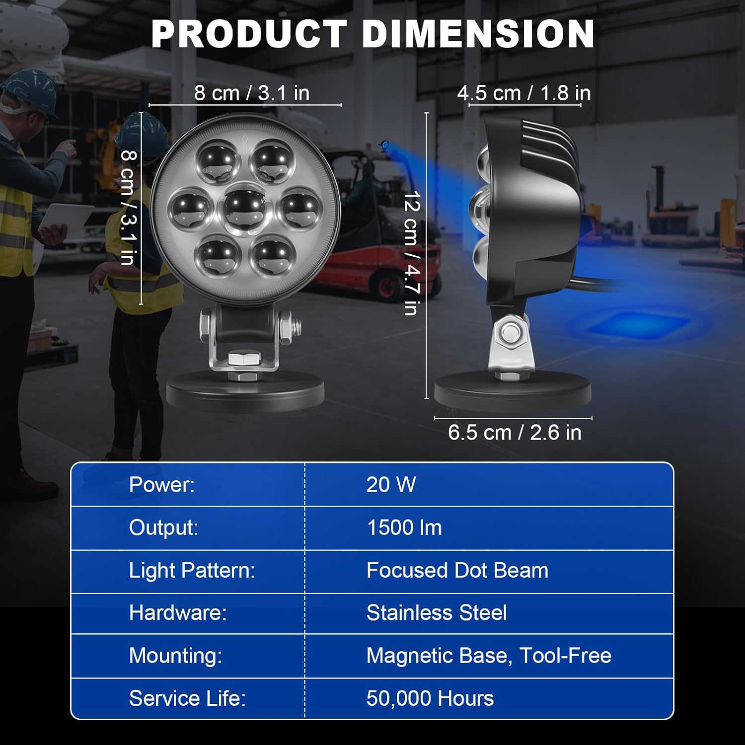 LED Forklift Safety Light Blue Spot Light with Magnetic Mount, DC10–80V Wide Voltage, IP68 Waterproof, Aluminum Housing, Compact Easy‑Mount Warning for Forklift/AGV Warehouse Safety (2PCS)