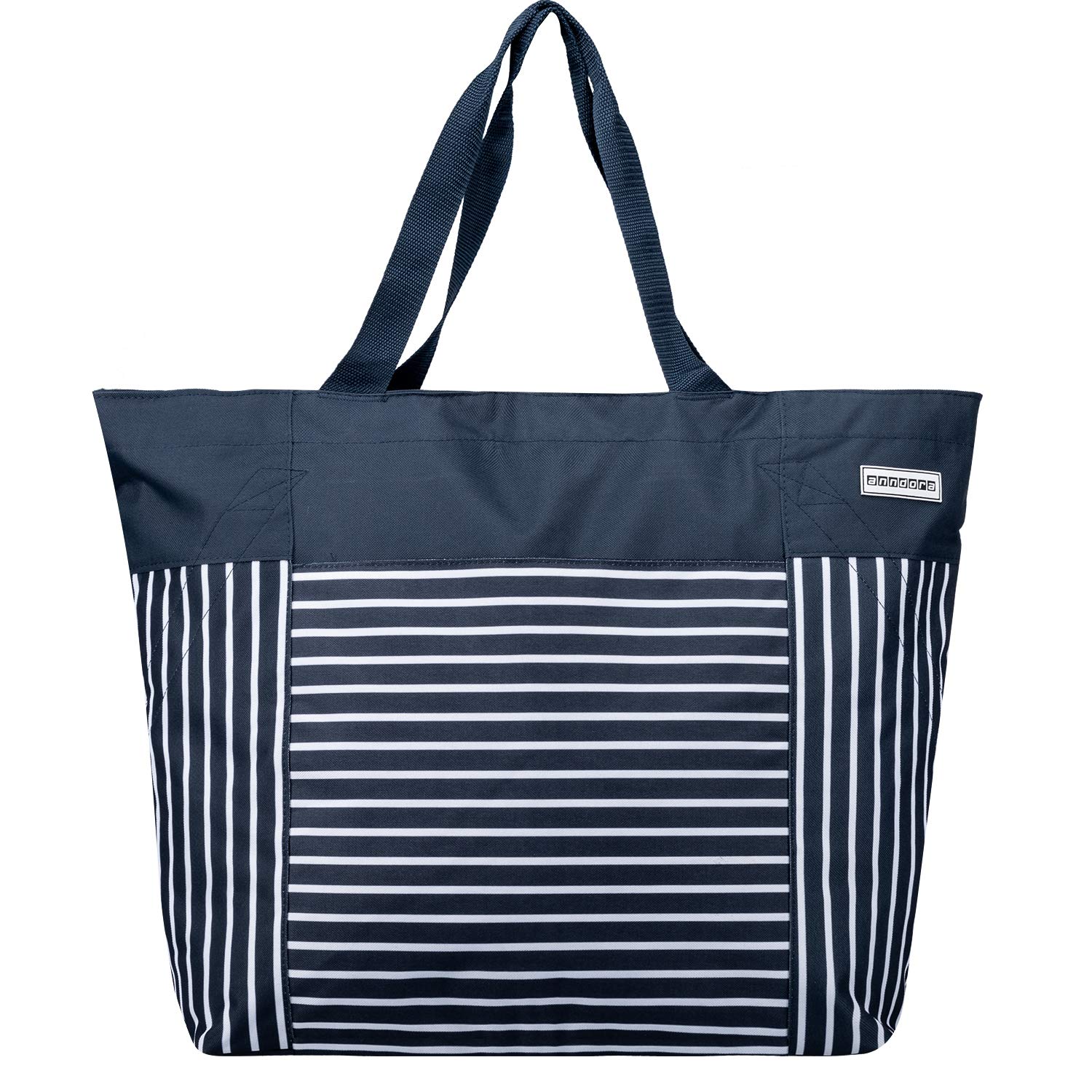 anndora XXL Strandtasche 40 Liter – große Badetasche mit Reißverschluss & Zusatzfächern – faltbarer Shopper für Strand, Schwimmbad, Sauna & Einkaufen (Navy Blau Weiß)
