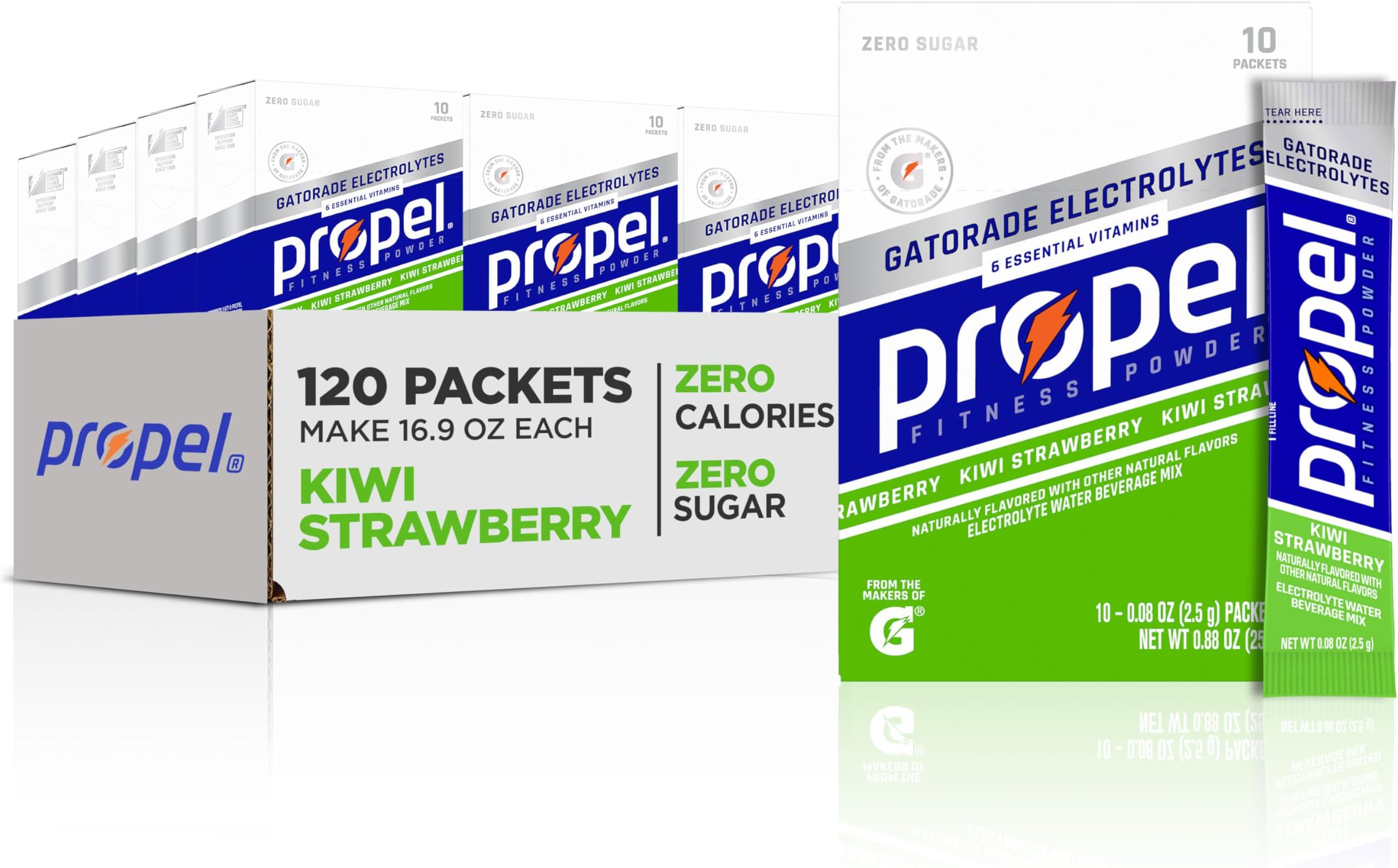 Propel Electrolyte Enhanced Water Drink Mix Powder Packets, Kiwi Strawberry, Zero Calorie & 0 Sugar Hydration with Electrolytes and Vitamins C & E (120 Packets)