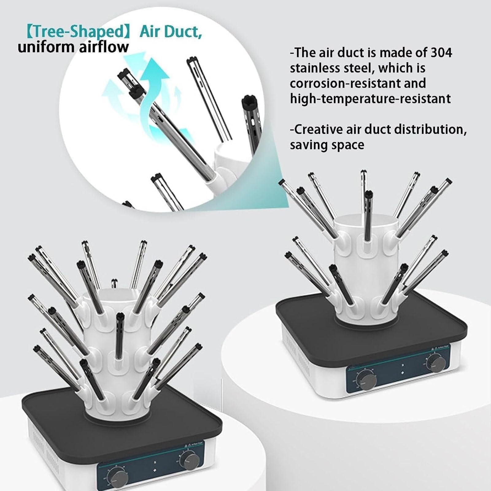 Estante de secado de laboratorio de acero inoxidable con soplado de aire de 3 velocidades y temporizador, protección contra sobrecalentamiento para un secado eficiente de cristalería en laboratorios