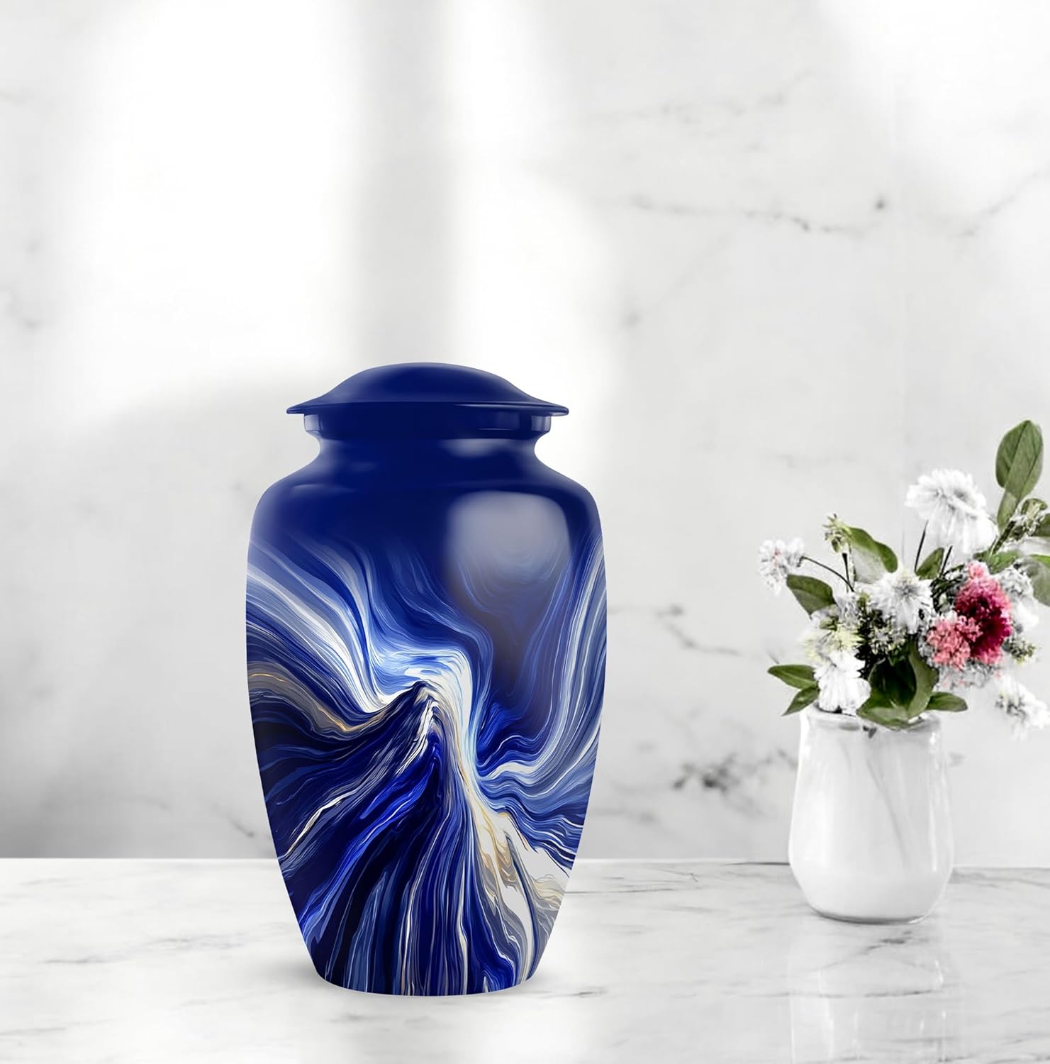 Fashionzaadi Blue Burial Urns – Large Urn for Women & Men – Memorial Urns for Human Ashes – Blue Cremation Urn for Grandmother & Grandfather – 10 Inch