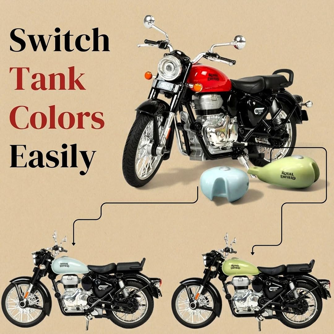 Toyterra Royal Enfield 1:15 Scale Diecast Motorcycle Model Toy, Pull Back Action, Bullet Bike Detacheble Parts with 3 Colored Fuel Tank, Miniature Replica for Collectors & Kids Age 3+ Years 1