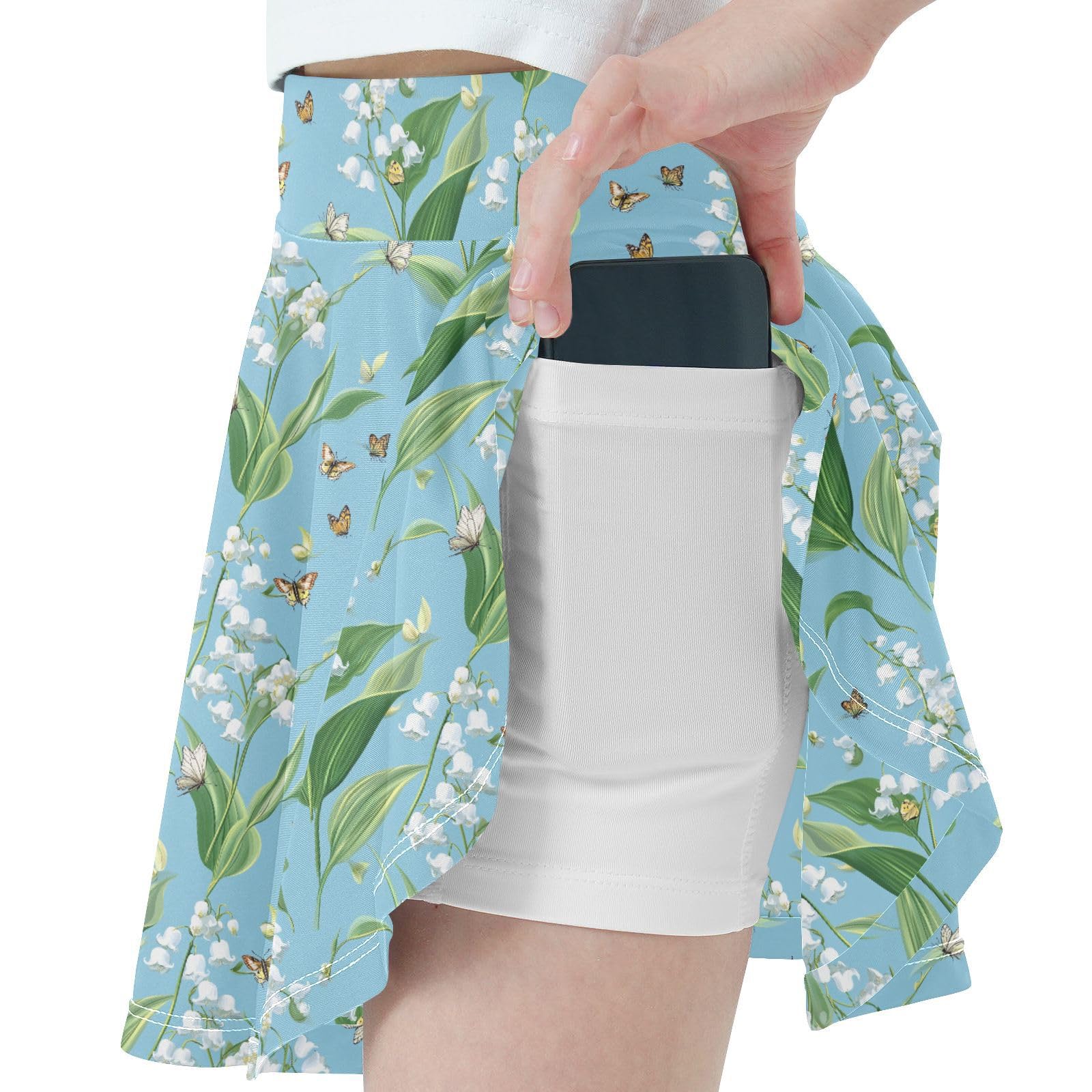 Lily of Valley Blue Girls Athletic Skirts with Shorts Flowy Girl Pleated Skirt with Pockets Performance Skorts