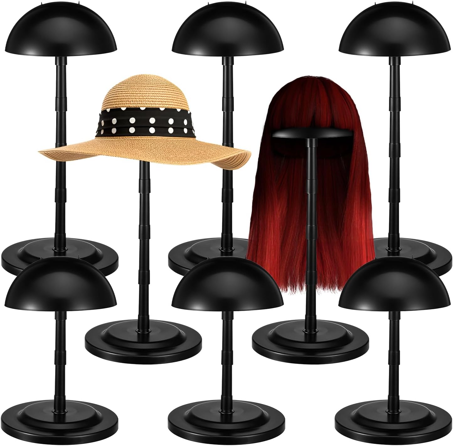 Adjustable Wig Stand,8pcs 4.33" to 14.17" Wigs Head Holders Portable Plastic Hat Stands Non-slip Sturdy for Multiple Fake Hair Styling Cap Storage (Black)
