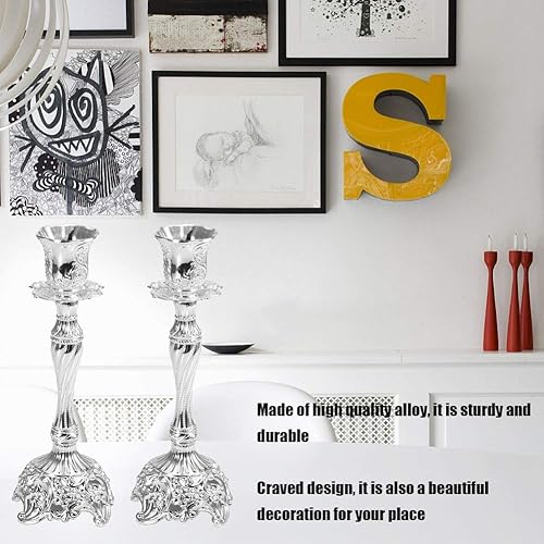 Miniatura 7 de Juego de portavelas clásico europeo, 2 piezas de candelabros plateados de una sola cabeza adornado portavelas para sala de estar, centros de mesa