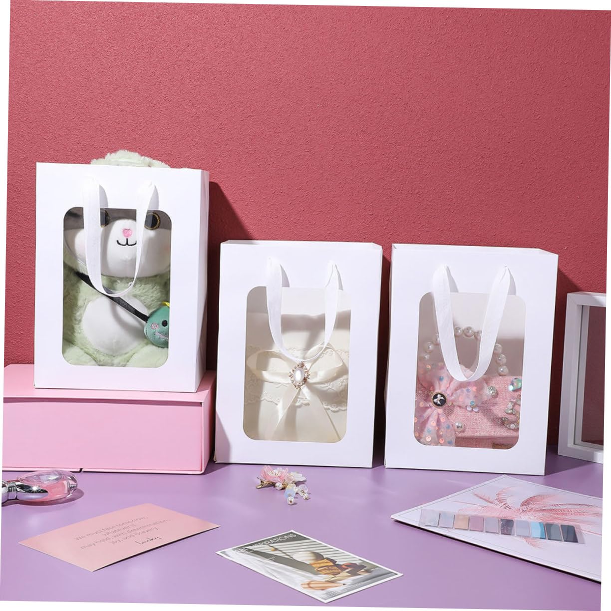 Bolsas de Obsequio Transparentes de Papel Blanco, 25 Piezas | Ventana Visible, Asas Prácticas, Formato Sencillo y Elegante para Fiesta, Flores y Recuerdos