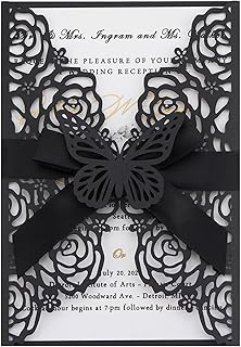 50pcs Black Wedding Invitation Kit Butterfly Laser Cut Invittations Pock...