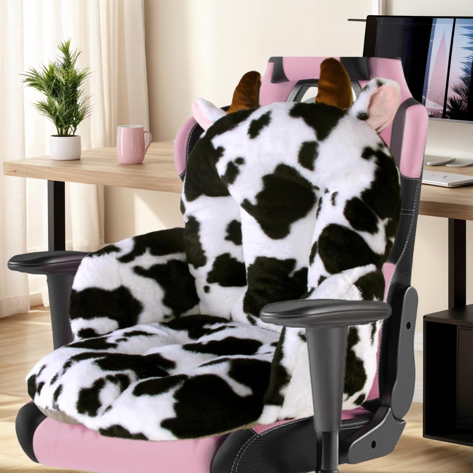 DOBUONO Comfy Office Chair Cushion: 17.5" L x 17.5" W x 18" H Cute Seat Cushion Kawaii Cushion for Gaming Chair with Backrest Non-Slip Floor Seating for Adults and Pets Cow Stuff for Room Decor