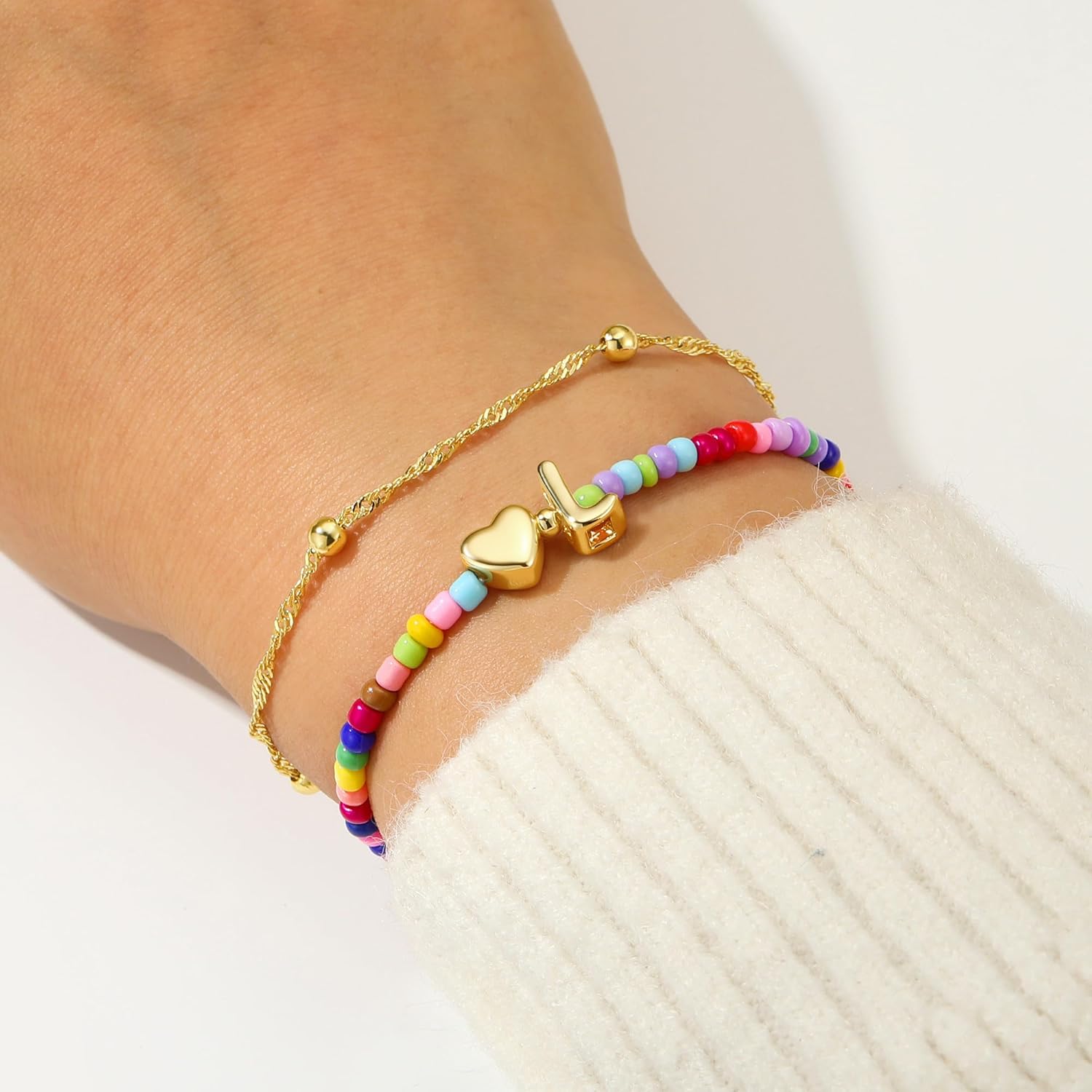 Ursteel Initial Bracelet for Women Girls - 14K Gold Plated Beaded Letter A-Z Bracelet, Layered Stretch Initial Bracelets, Women Trendy Bohemian Jewelry Birthday Gifts - Image 2