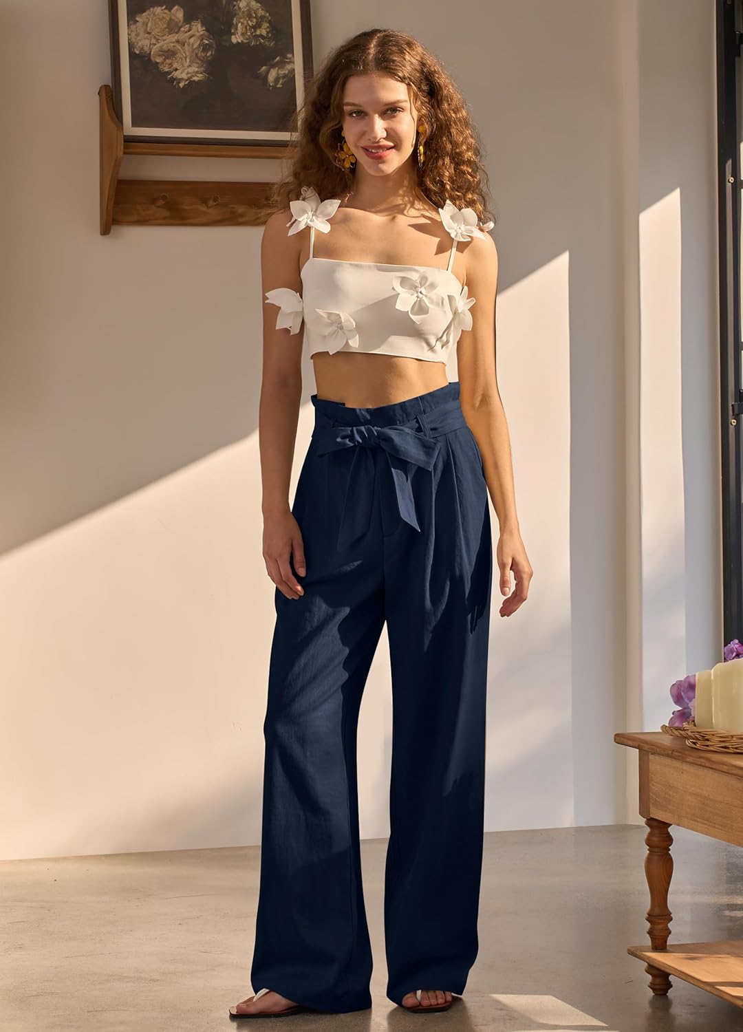 Women Linen Pants 2025 Paperbag Wide Leg Dress Pants High Waisted Work Slacks Tie Knot Trousers with Pockets 28" Navy Blue XXL - Image 3