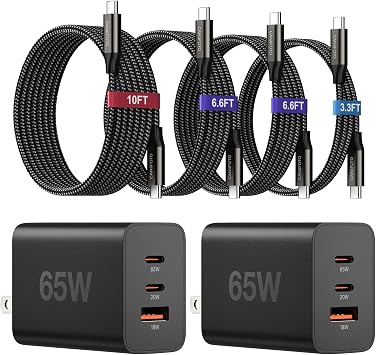 65W Super Fast Charger Type C, 3-Port USB C Fast Charger PPS/PD/QC Block | 65 Watt GaN Wall Charger & 3/6.6/6.6/10FT Cable, for Samsung Galaxy S26 Ultra/S26+/S25 Ultra, i Phone 17/16, i Pad, Mac Book