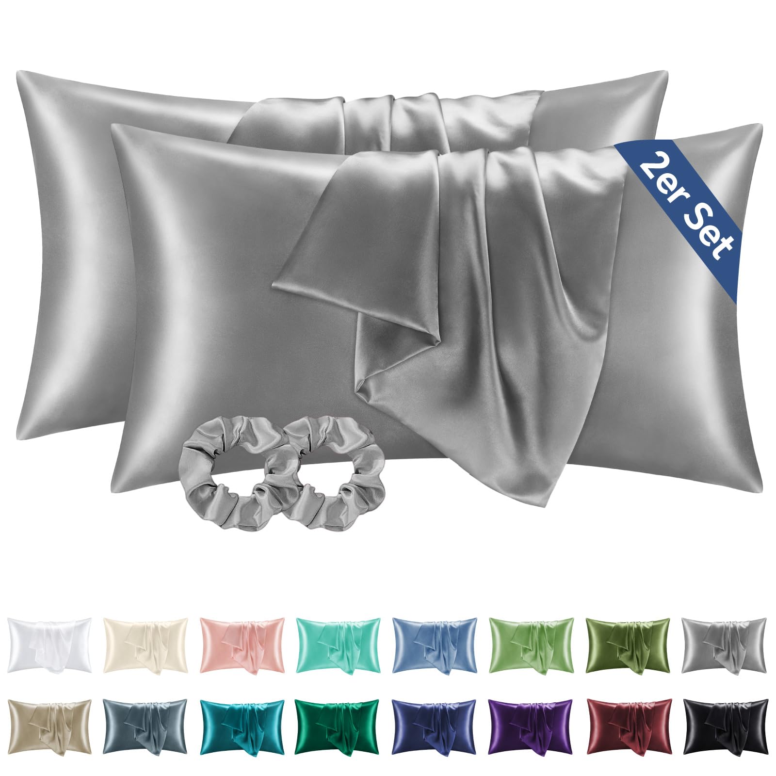 BEDELITE Seidenkissenbezug Alternative 40 x 80 Grau - Satin Kissenbezug 2er Set Weich 40x80 Sommer mit 2 Haargummis für Haar und Haut, Similar to Silk Pillowcase Pillow Cover