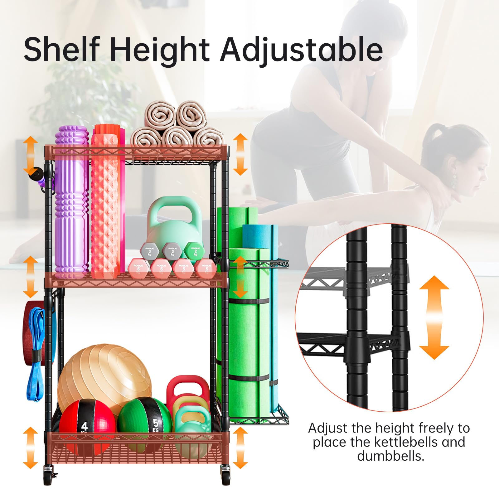 Scaffale portaoggetti per attrezzature sportive a 3 livelli con 4 ruote con freno e ganci, supporto in metallo per pesi, corde da saltare e accessori per fitness, ruote, struttura solida