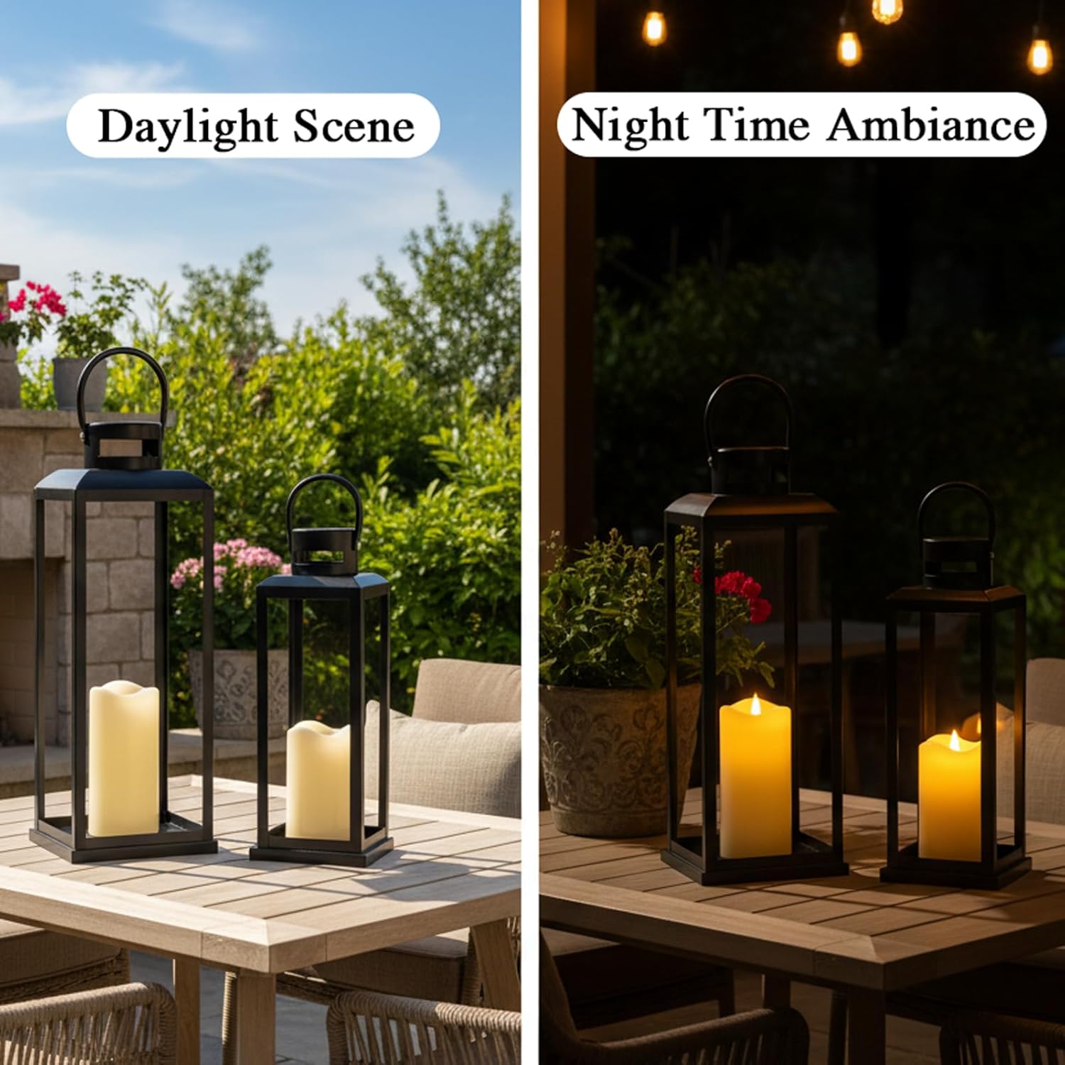 Black Lanterns Decorative Outdoor & Indoor with Flameless Candle Set of 2, 17" & 13" Modern Farmhouse Candle Lanterns Decor, Front Porch Decor, Gifts for Housewaming,