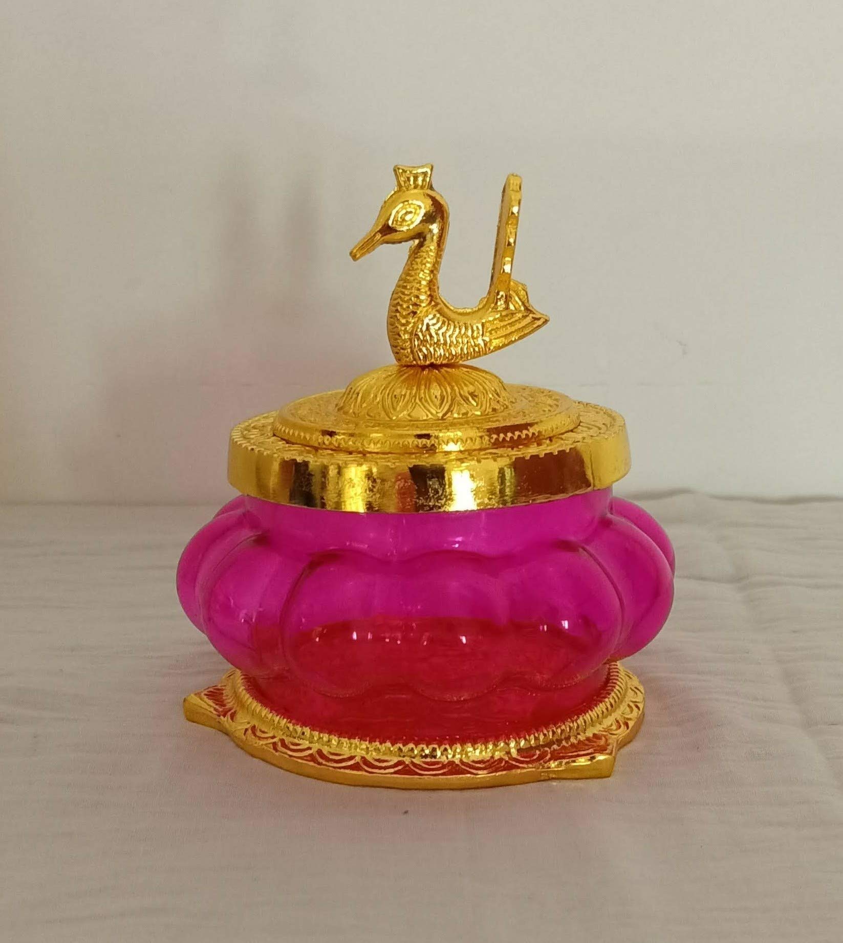 PujaCelebrations Metal Glass Kubera Lakshmi Pot Gold Pink Color, Size : 4 inches x 3 inches, Weight: 190gms