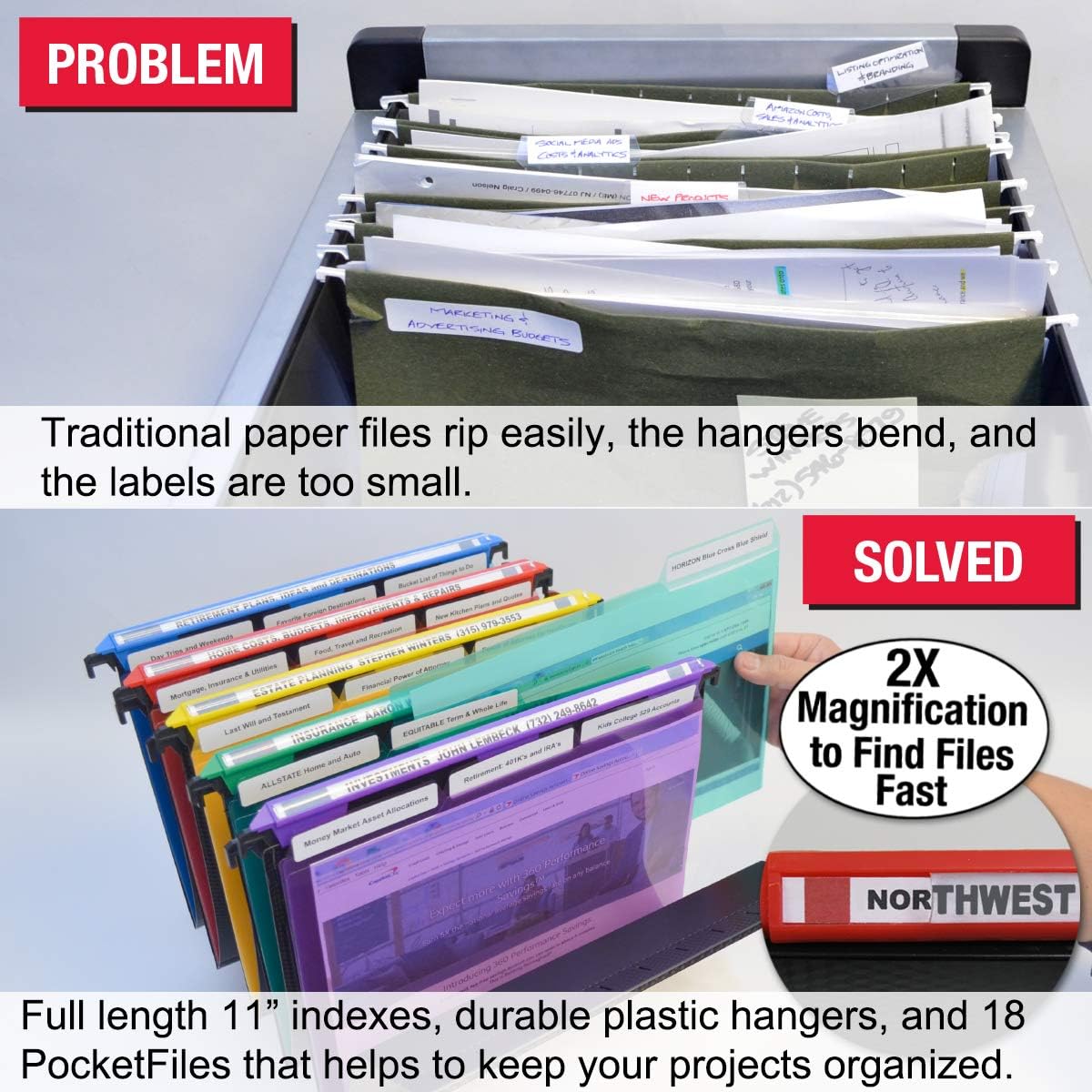 Ultimate Office MagniFile Hanging File Folders V-Bottom Letter Size, Set of 5 Assorted Color Magnified Indexes Plus 18 Removable PocketFile Clear Poly Interior Document Folders with 3rd Cut Tabs : Office Products