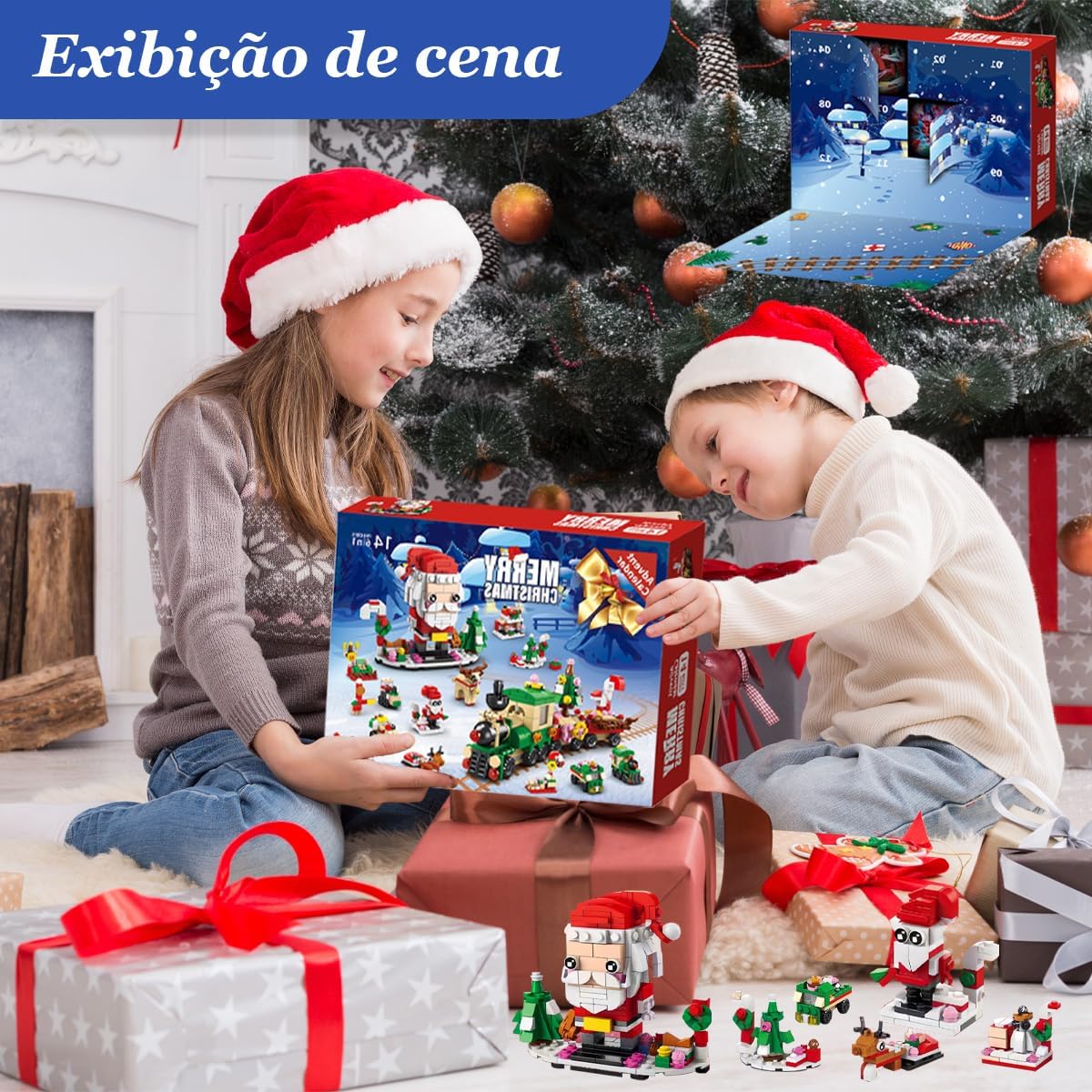 Conjunto de calendário do advento 6 em 1: 12 dias de surpresas com trenó e árvore de Natal, compatível com LEGO, a melhor escolha para presentes infantis (Papai Noel)