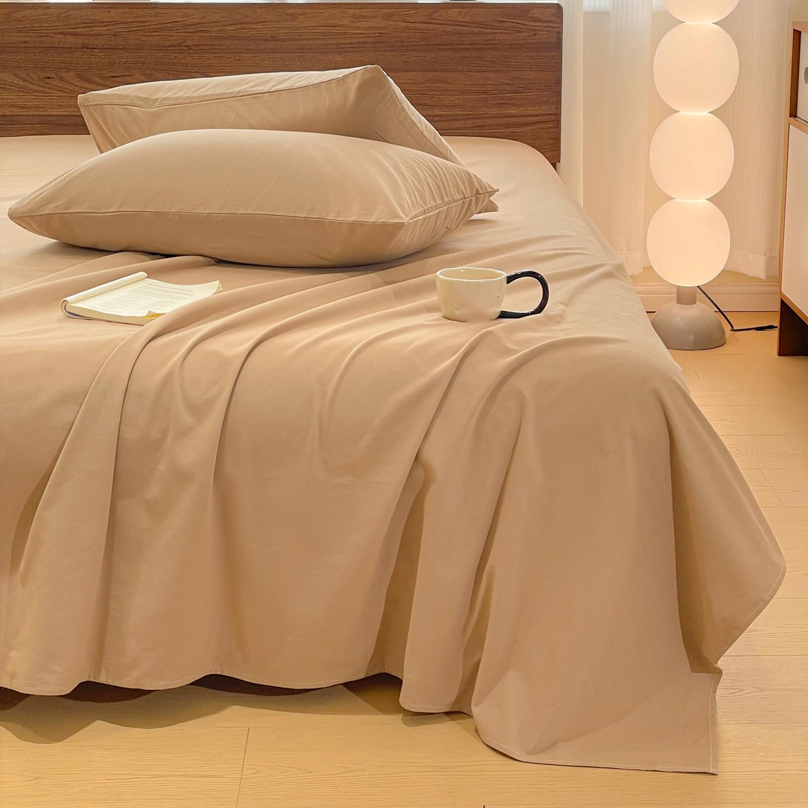 Drap plat 160x230cm kaki en coton uni pour lit simple en toute saison