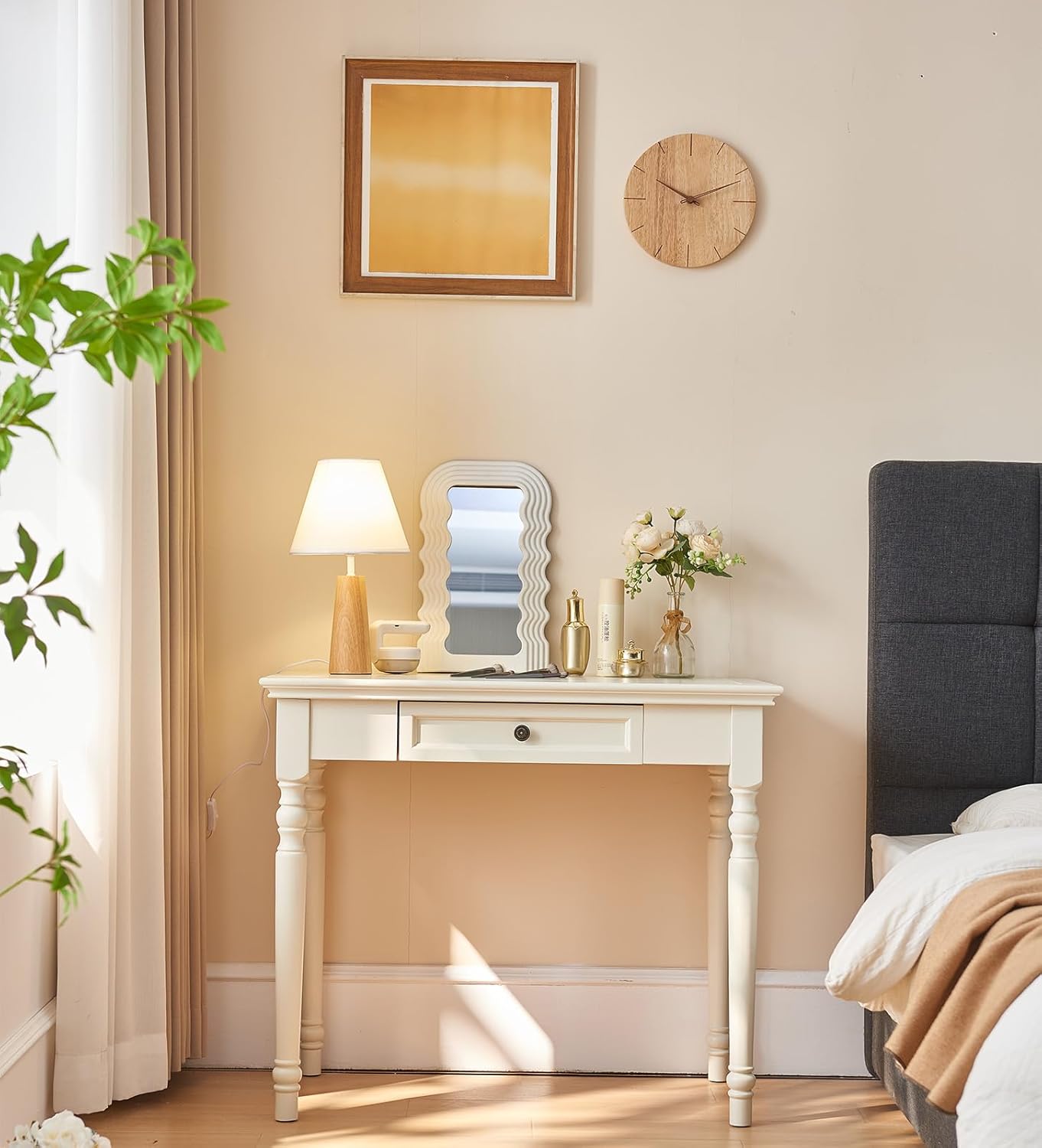 ADORZ White Desk with Drawers, 35 Inch Home Office Desks Solid Wood Writing Desk for Home Office, Study Workspace or Bedroom