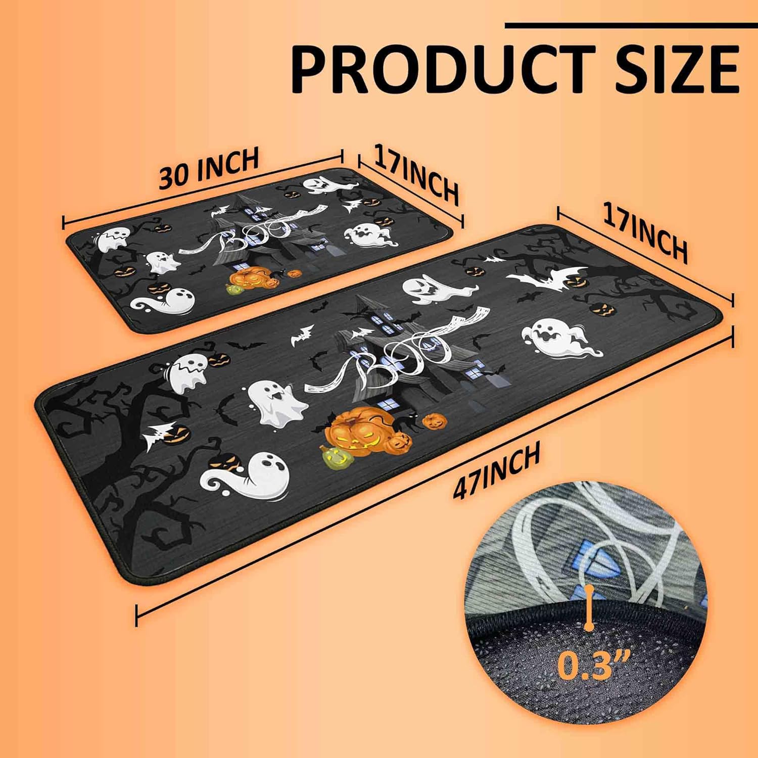 Halloween Kitchen Mats for Floor, Halloween Decorations Non Slip Backing Halloween Kitchen Rug Set of 2 Low-Profile Mat Halloween Decor for Home Party