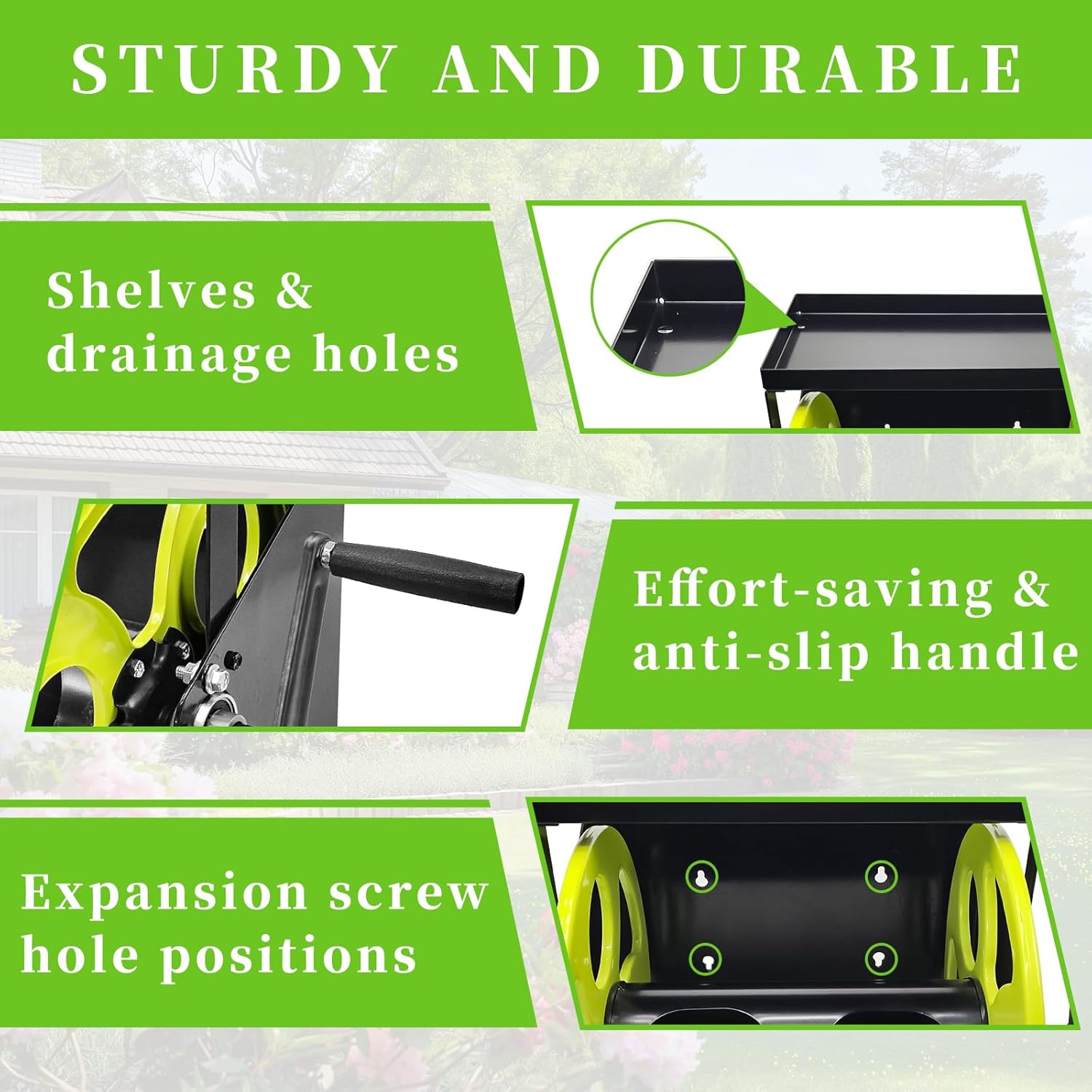 Stainless Steel Garden Hose Reel for 5/8" Hose Reel with Crank Handle Retractable ，Wall Mount Metal Hose Reel 3/4 in Brass Fitting ， Holds up to 120-FtHose with Storage Rack (Hose not included）