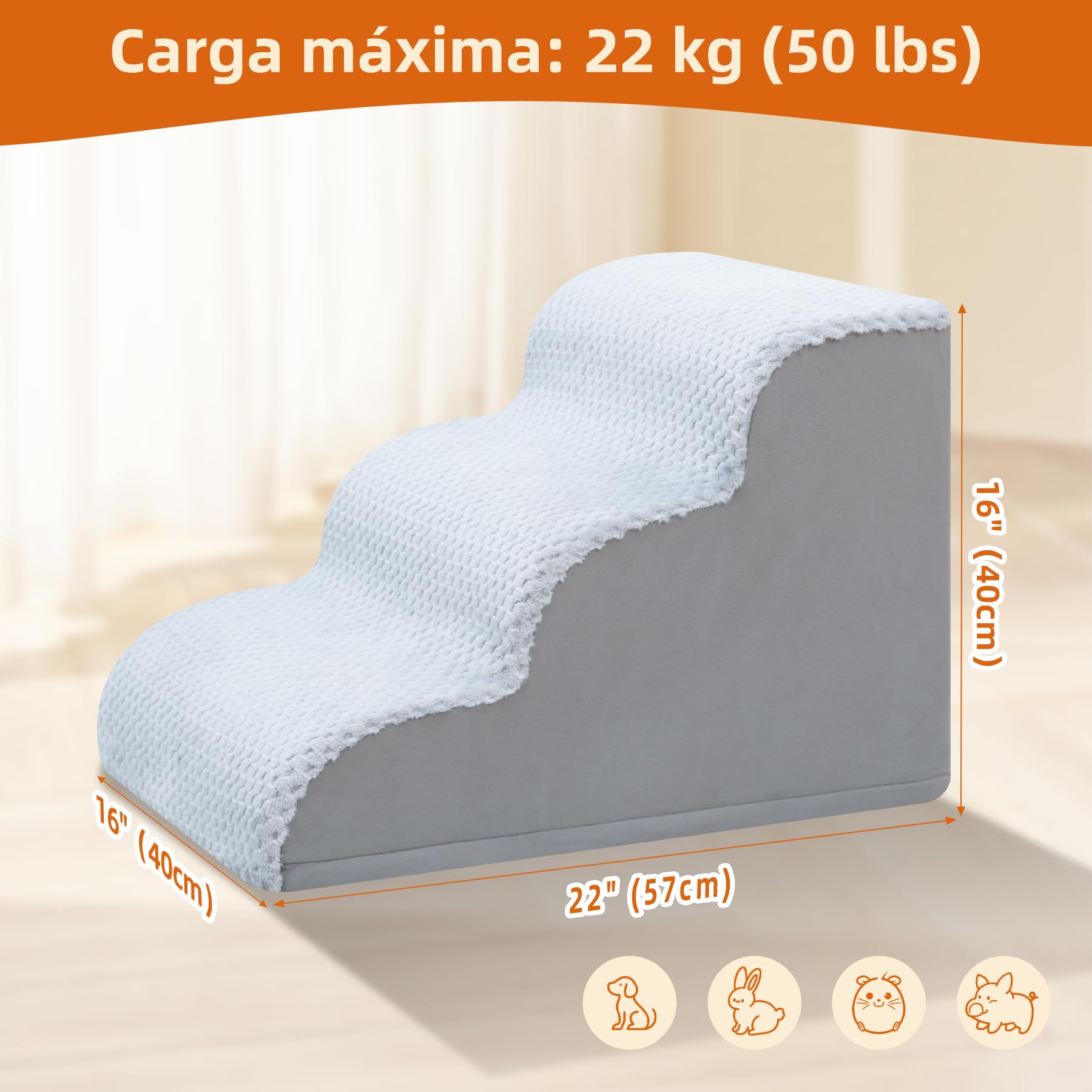 KSIIA Escalera para Perro 3 Escalones, Rampa para Perros con Base Antideslizante, Escalera para Mascotas Funda Desmontable y Lavable, para Sofá y Cama, Cachorros y Mascotas Mayores, 40x57x40 cm, Gris