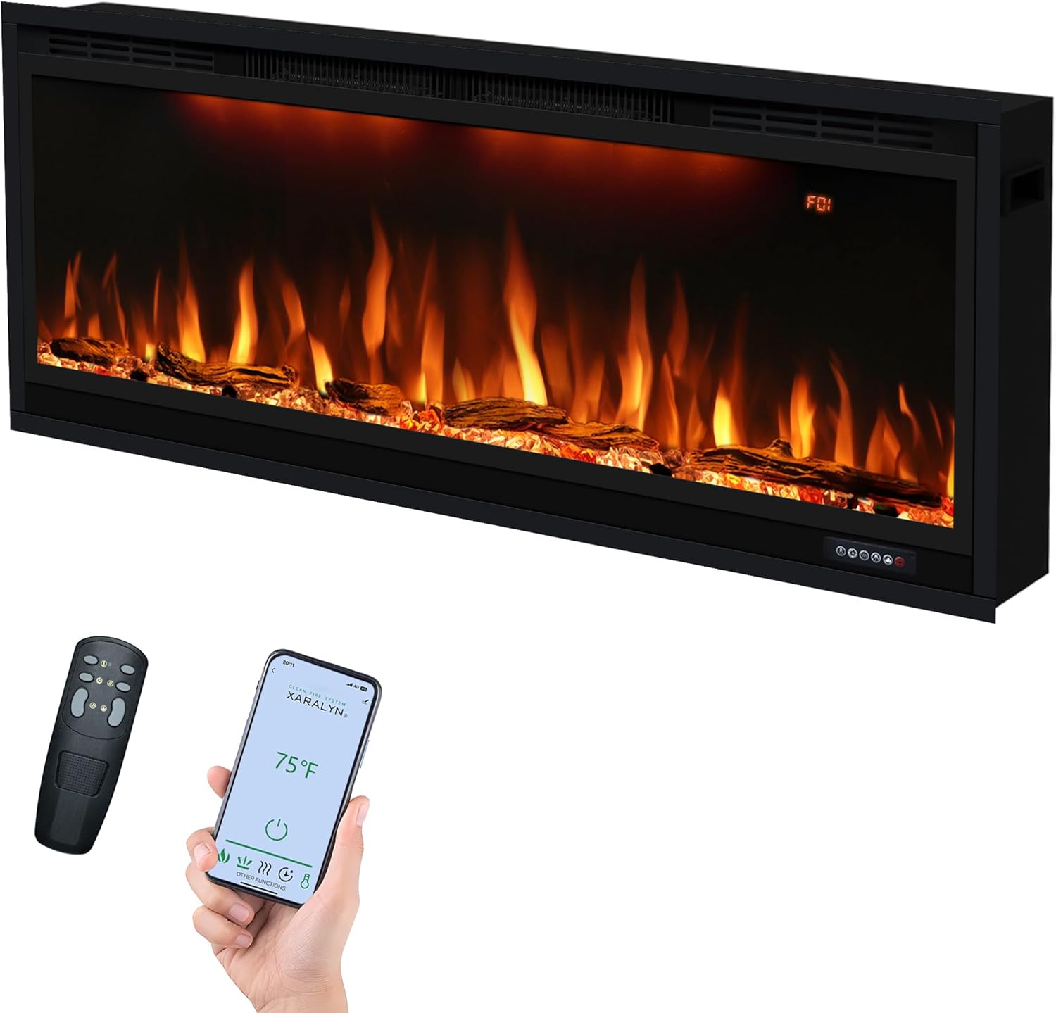 42 inch Smart Electric Fireplace with App Control, Wall Mount & in Wall recessed Fireplace Inserts, Multicolor Flame w/Realistic Log &Crystals, Overheating Protection and Timer, 750W/1500W, Black Smart 42"