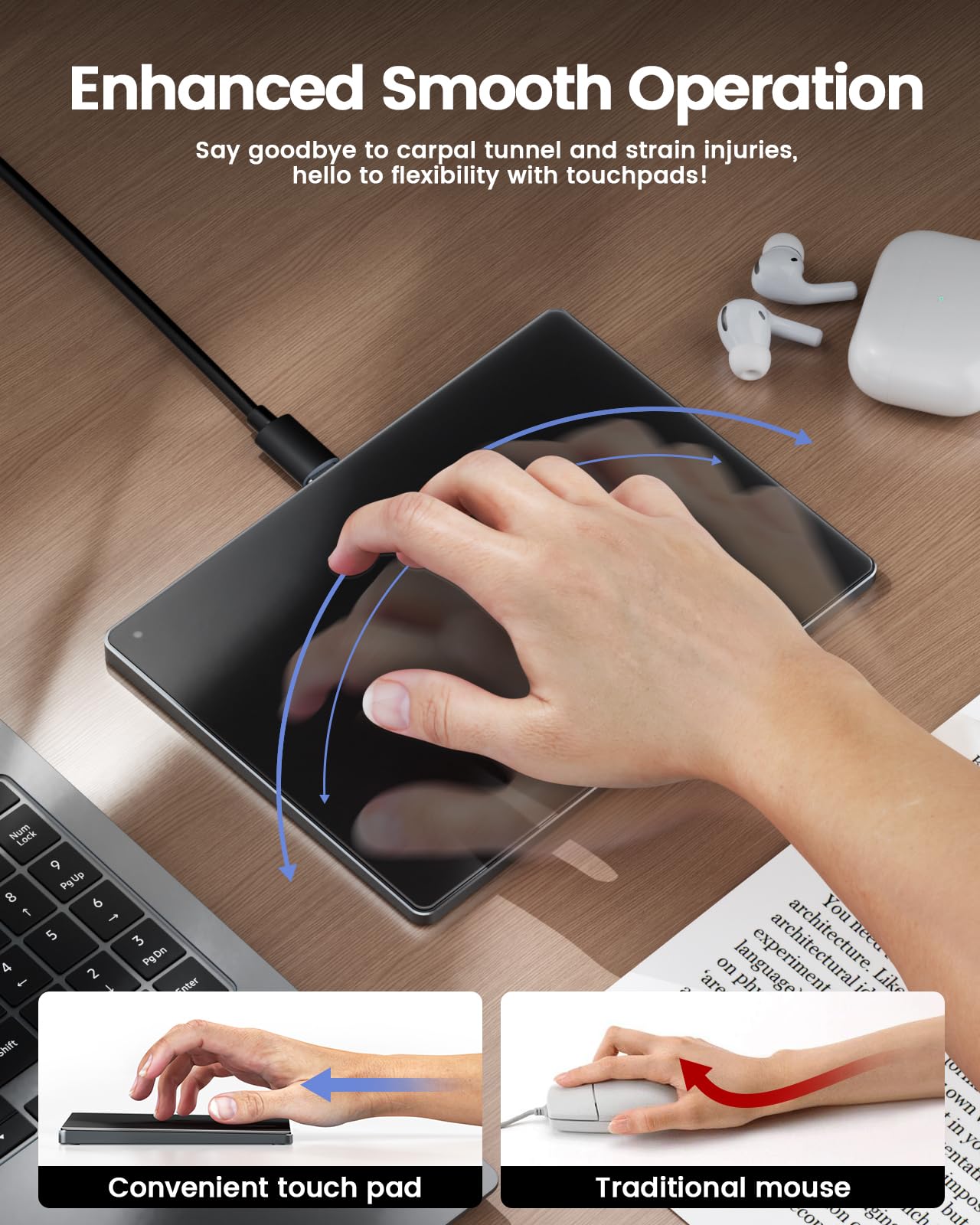 seenda Touchpad para Mac y Windows, Touchpad de Alta Precisión con Superficie de Vidrio y Base de Metal, Touchpad con Modo Doble con Cable para MacBook/PC/Portátil (Negro)