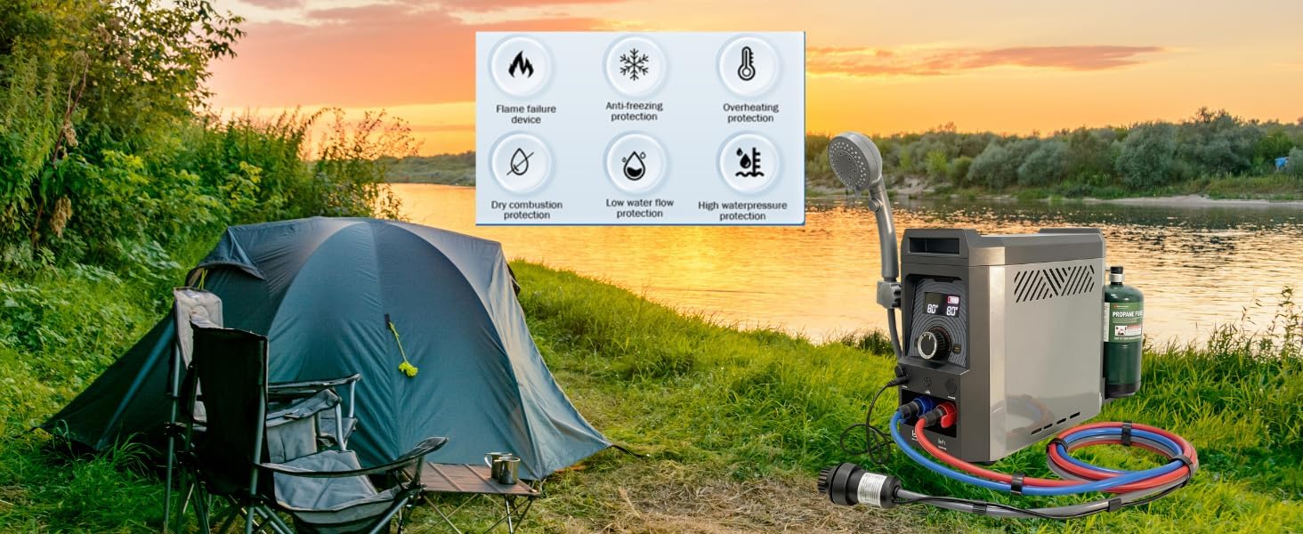 Portable Outdoor Propane Water Heater with Built-in 12V Water Pump, Battery Powered Tankless Gas Water Heater for Camping, RV, Off-Grid Living, Pet Washing - Includes Shower Head and Hose System