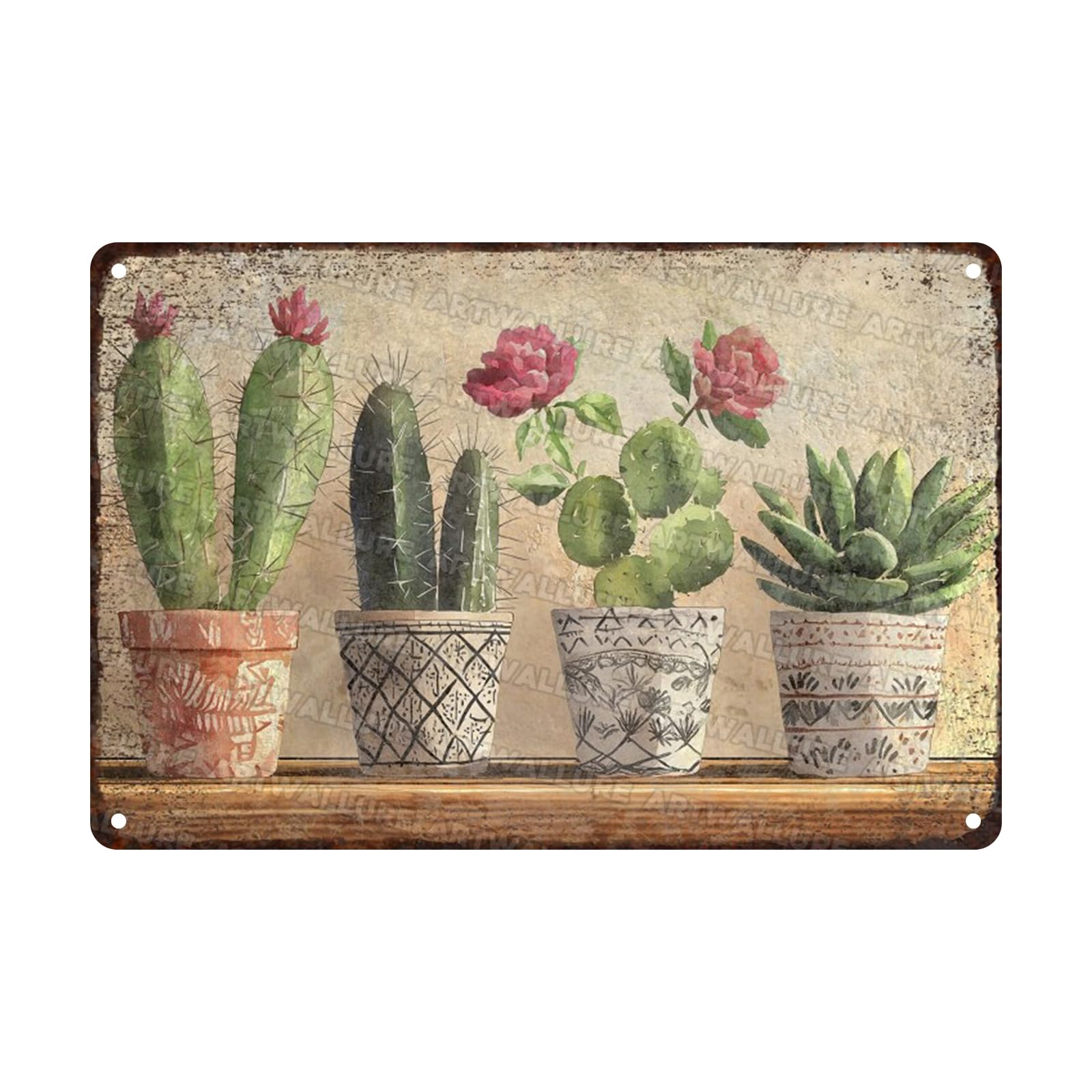 Four basins Cactus Metal tin Sign Watercolor Cactus Tin Sign Green Plant Wall Decor for Home Living Room Kitchen Garden Bedroom Office Hotel Cafe And Pub Decoration 8x12inch