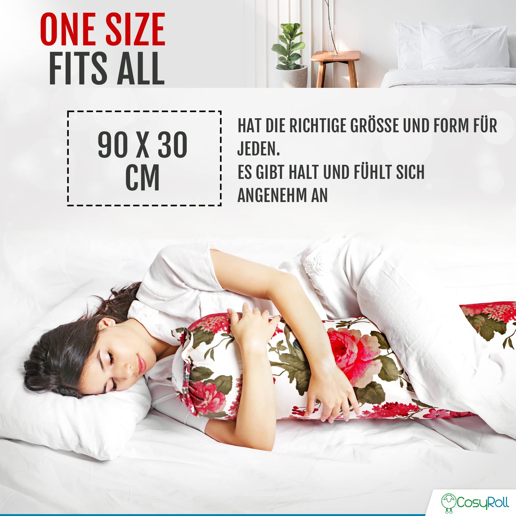 Original CosyRoll® Seitenschläferkissen & Kuschelkissen | Besser schlafen Kissen | 100% Baumwolle & Füllung aus Mikrofasern | 90cm x 30cm | Kissen mit Bezug Peony (Farbe: Pink)