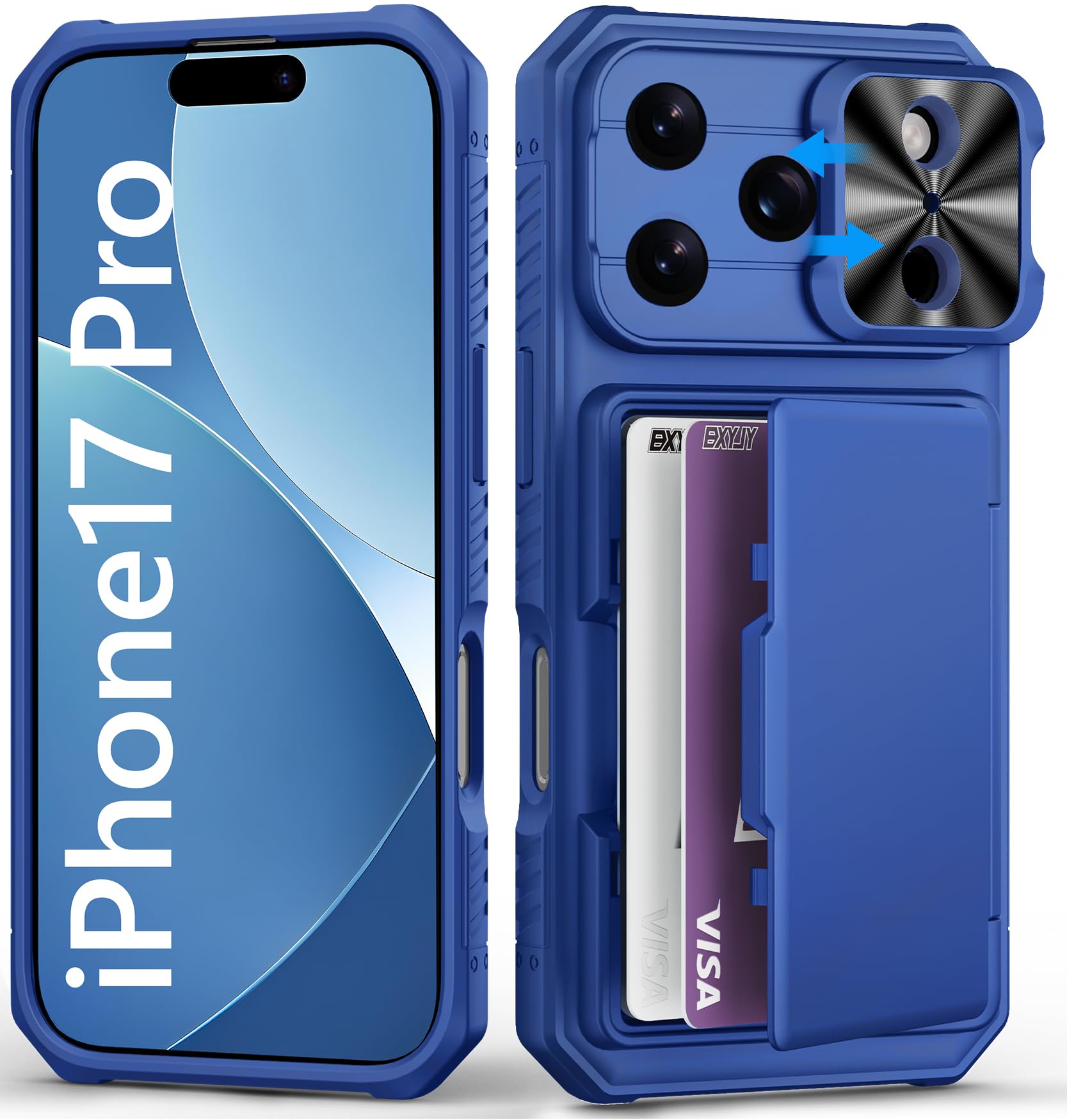 BXYJY for iPhone 17 Pro Case Wallet with Card Holder (4-5 Cards), Slide Camera Cover, Military Grade Shockproof, Heavy Duty Rugged Women Men Phone Case for iPhone 17 Pro 6.3" 2025, Royal Blue