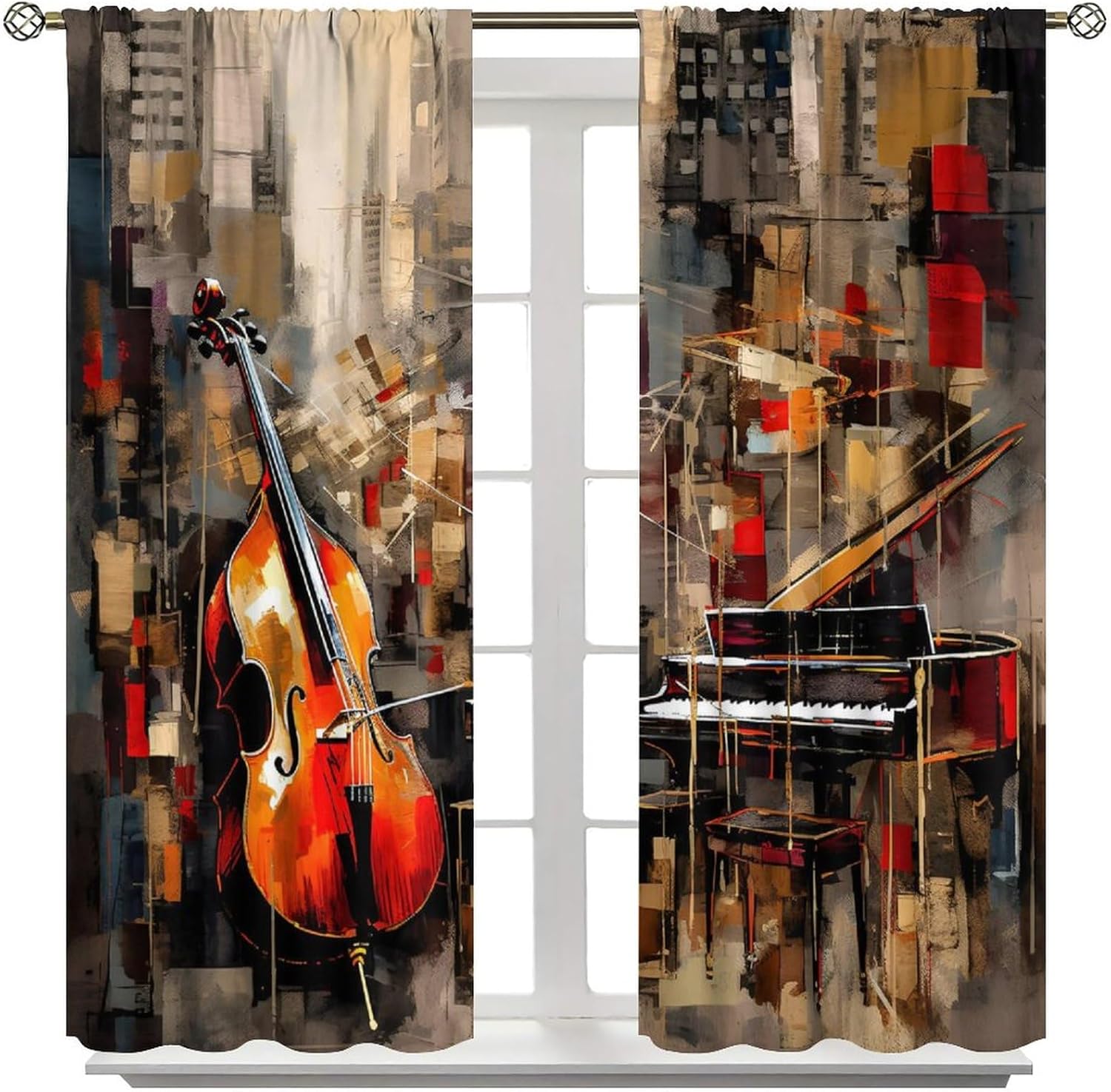 Violin Music Blackout Curtains, Abstract Art Orchestra Cello Piano Window Drapes Print for Boys Girls Music Room Living Room, 52x96in