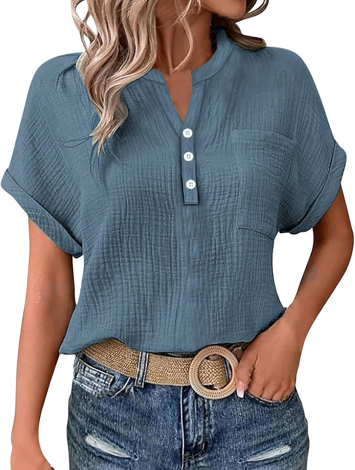 Womens Linen Tops Summer Casual Button Down V Neck Tops Short Sleeve Cotton Blouses Casual Vacation Clothes Outfits