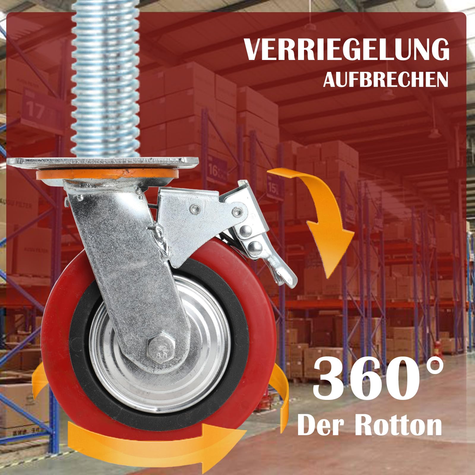 4 Stück Gerüstrollen 190 mm Stahlspindel Gerüsträder mit Bremsem | 360° Drehbar, 750kg Tragfähigkeit, Spindelrollen Gerüst Schwerlastrollen Räder, für Arbeitsgerüste Transportrollen Lenkrollen