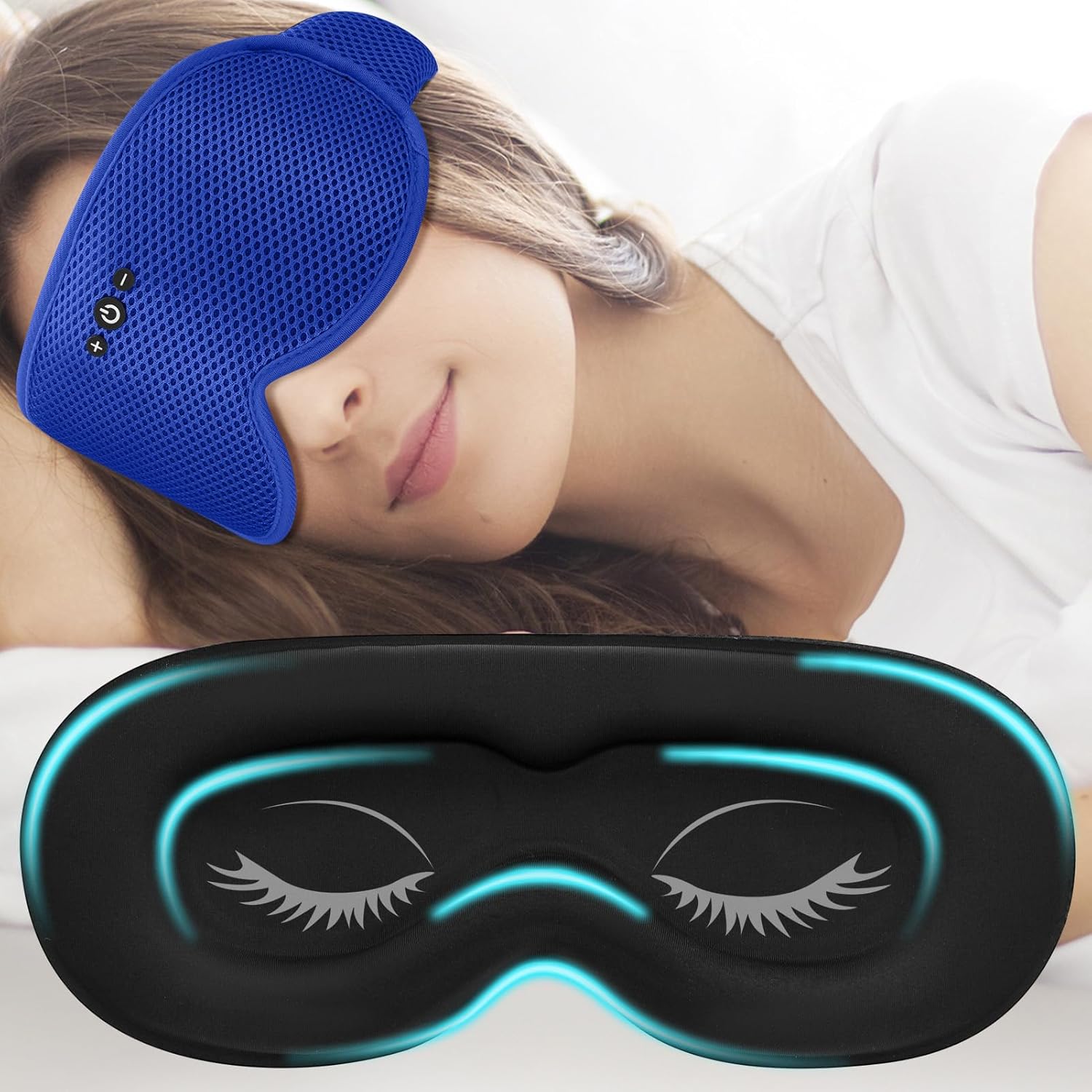 Bluetooth Sleep Mask with Removable 3D Contoured, Music Eye Mask for Sleep, Sleeping Headphones with Ultra-Thin Stereo Speakers for Side Sleepers, Perfect Tech Gifts for Men/Women-Blue