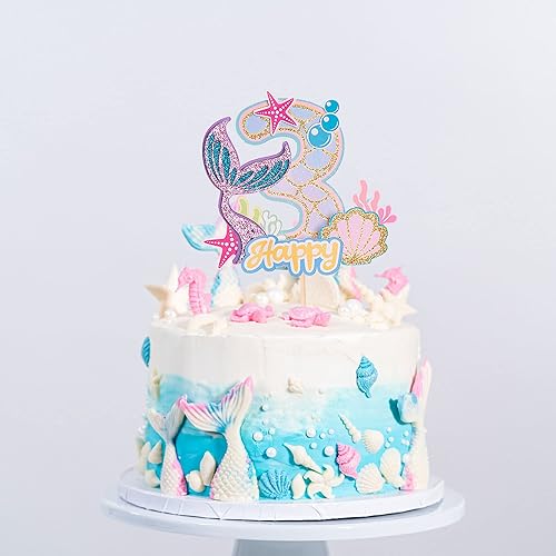 Miniatura 4 de Gyufise 1 pieza de decoración de pastel de sirena de 3 cumpleaños para niños y niñas, baby shower bajo el mar, temática de sirena, suministros de