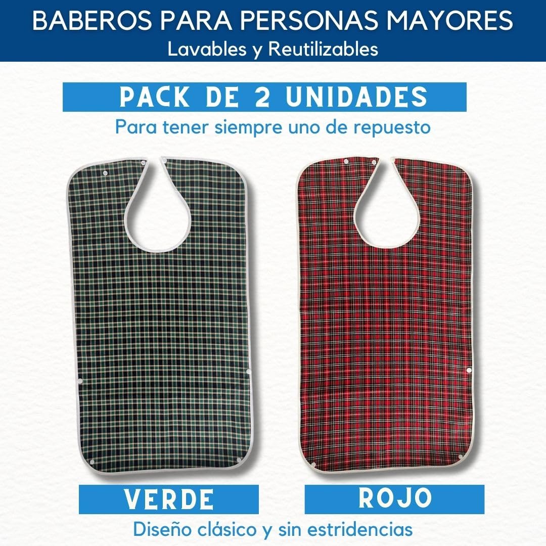Pack Baberos Adultos Gran Tamaño| Babero Adulto Impermeable | Cierre Ajustable Con Corchetes | Con Recogemigas | Reutilizable y Lavable A Máquina | Cómodo Para Personas Mayores