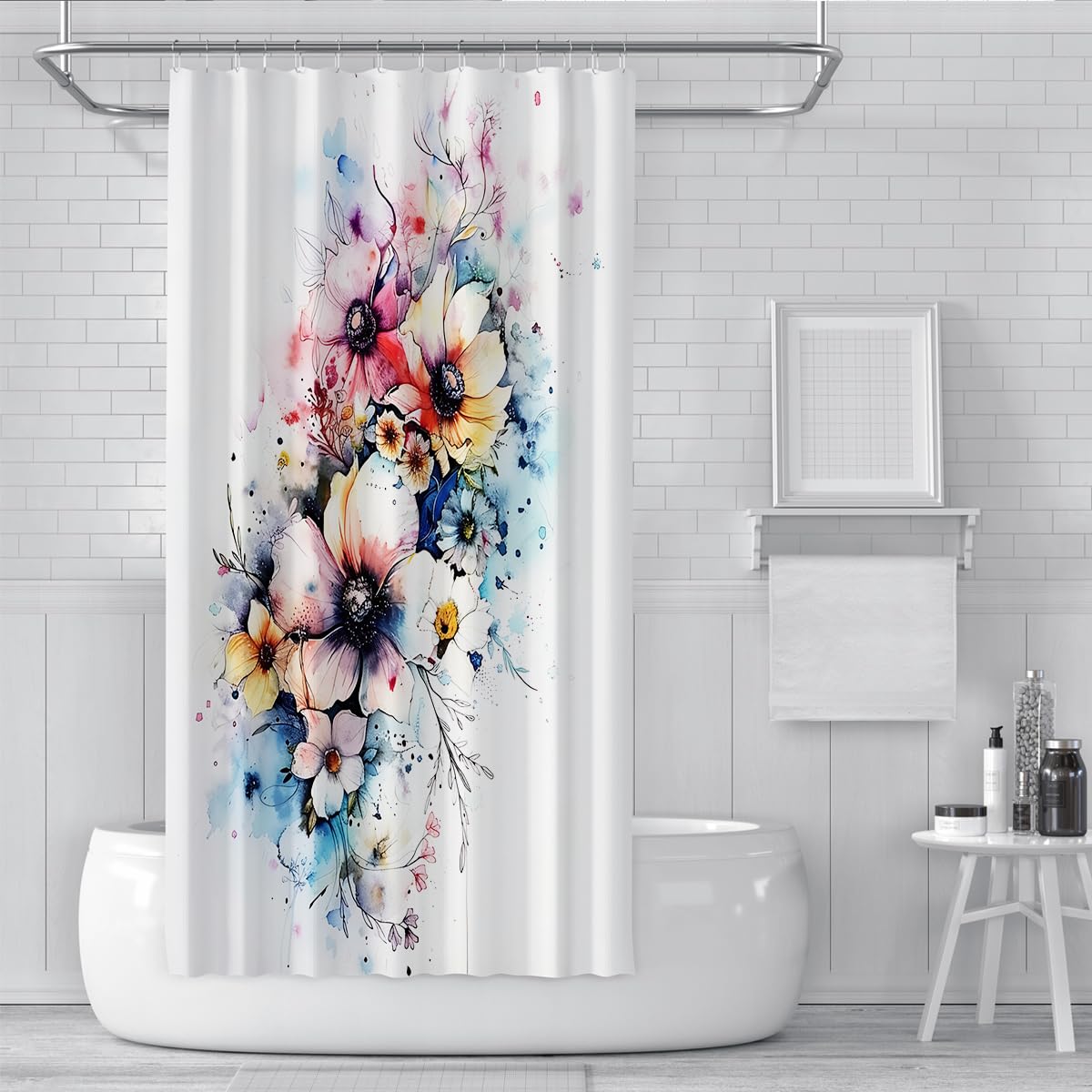 Rideau de Douche en Tissu étanche en Fleur Fleurie, Grands Accessoires de Salle de Bain à imprimé Floral Printemps-été, Rideau en Polyester Lavable pour Cabine de Baignoire W150xL200 cm
