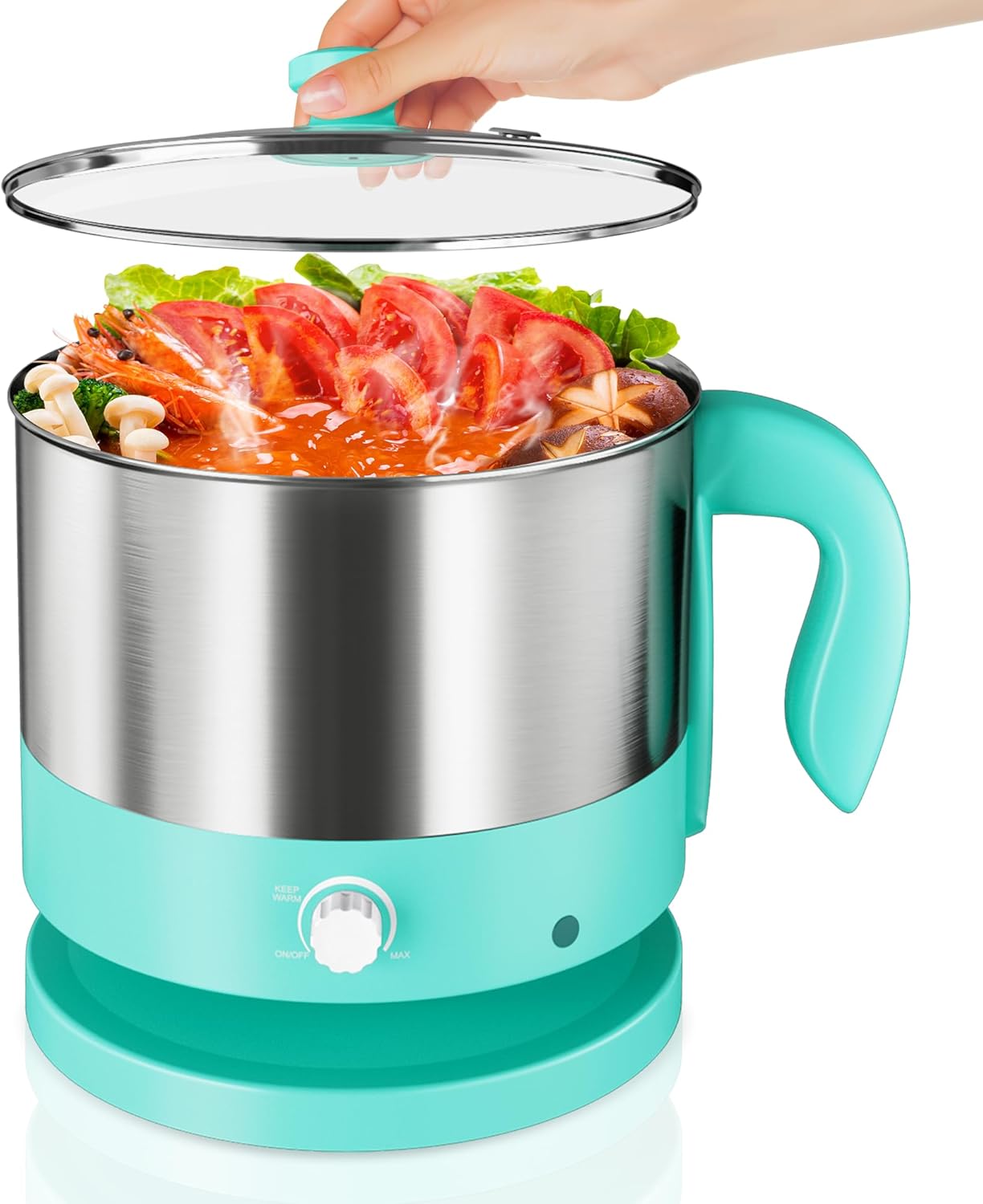 Hot Pot Electric - CACHOO Small 1.25Qt Turquoise Stainless Steel Ramen Cooker with Temperature Control & Keep Warm, Multi-Use Simmer Pot for Boiling, Stewing, Blanching - Ideal for Dorms, Camping, RVs 1.3 Quarts Turquoise