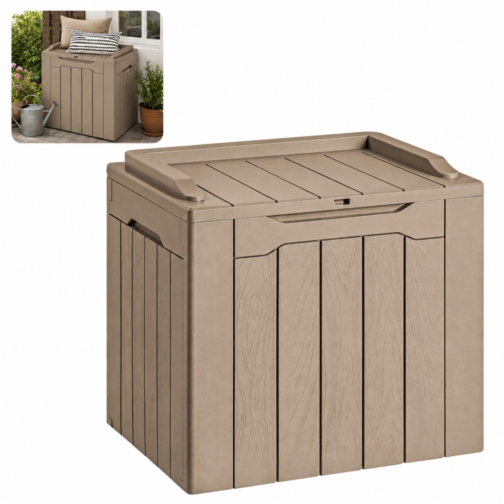 DUY Scatola portaoggetti da esterno con coperchio, in plastica, resistente alle intemperie, con venature del legno, organizer per patio, giardino, balcone (marrone chiaro, 56 x 41 x 54 cm)