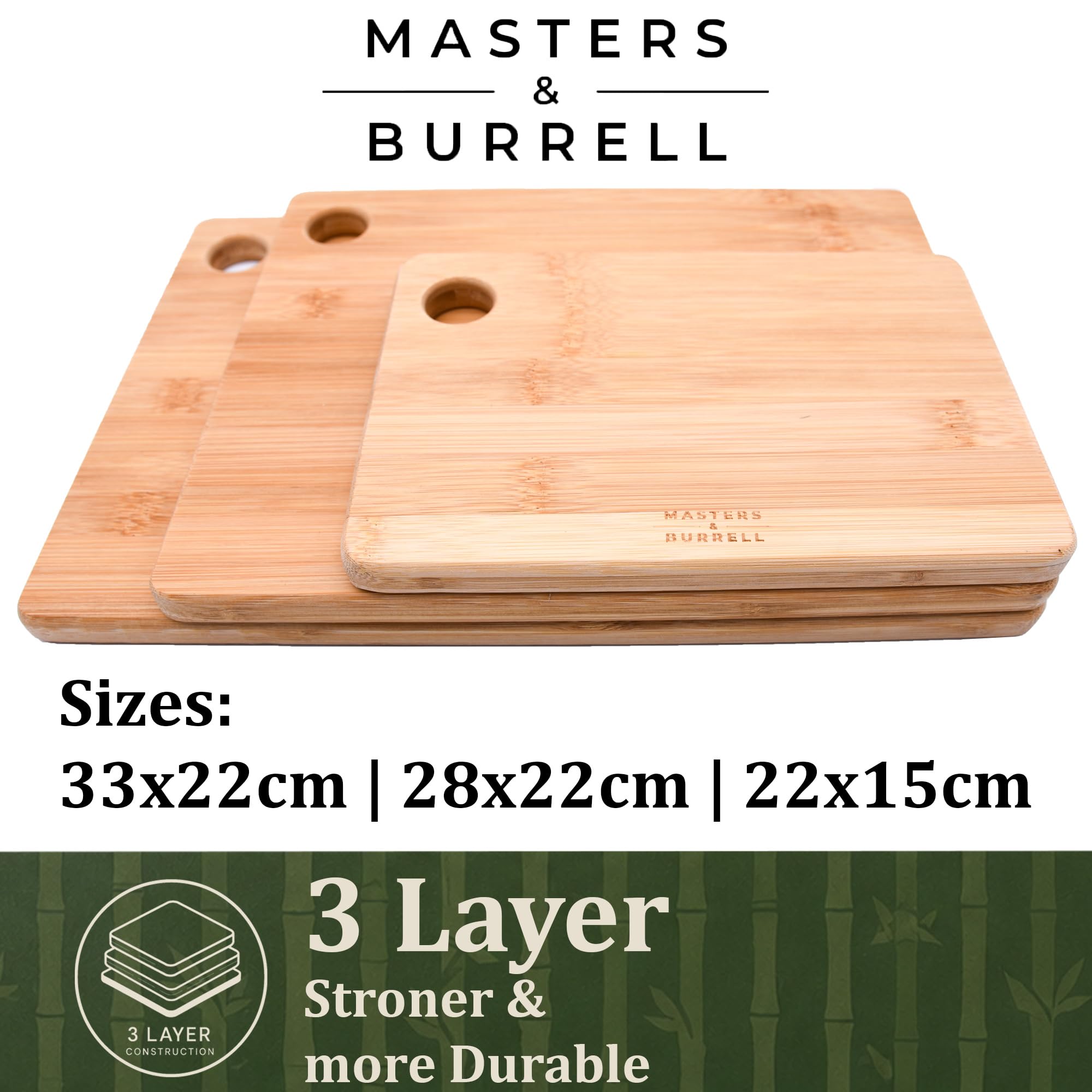 Masters & Burrell Set di 3 taglieri in legno di bambù, extra spessi, dimensioni: 33 x 22 | 28 x 22 | 22 x 15 cm, piedini antiscivolo a 3 strati senza plastica