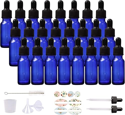 Paquete de 24 botellas de vidrio azul cobalto de 12 oz con cuentagotas de vidrio para aceites esenciales, perfumes y productos químicos de