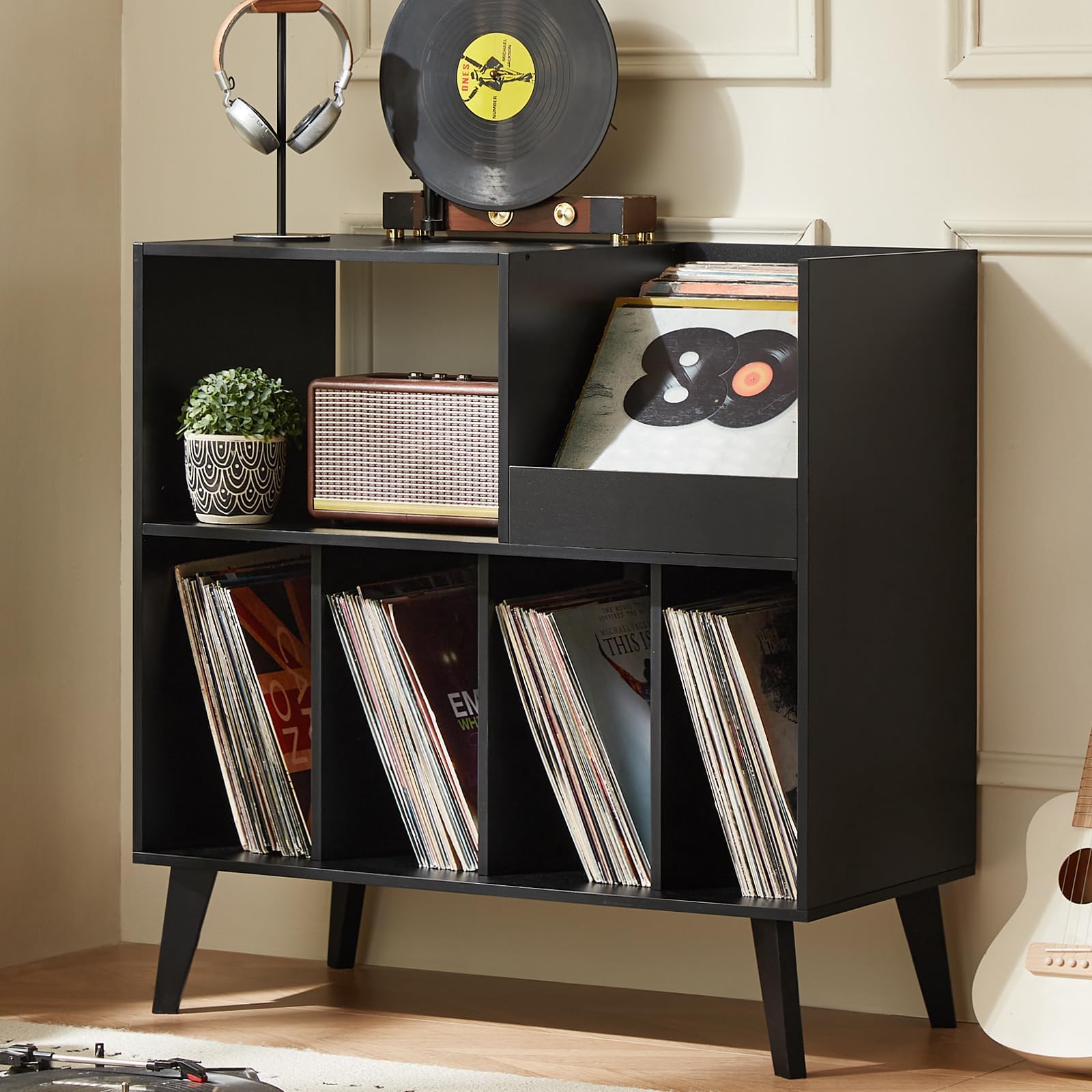 LELELINKY Large Record Player Stand, Turntable Stand with Storage, Vinyl Record Holder with Display Area, Record Player Table Holds Up to 300 Albums, Record Stand for Music room Living Room-Reto Black